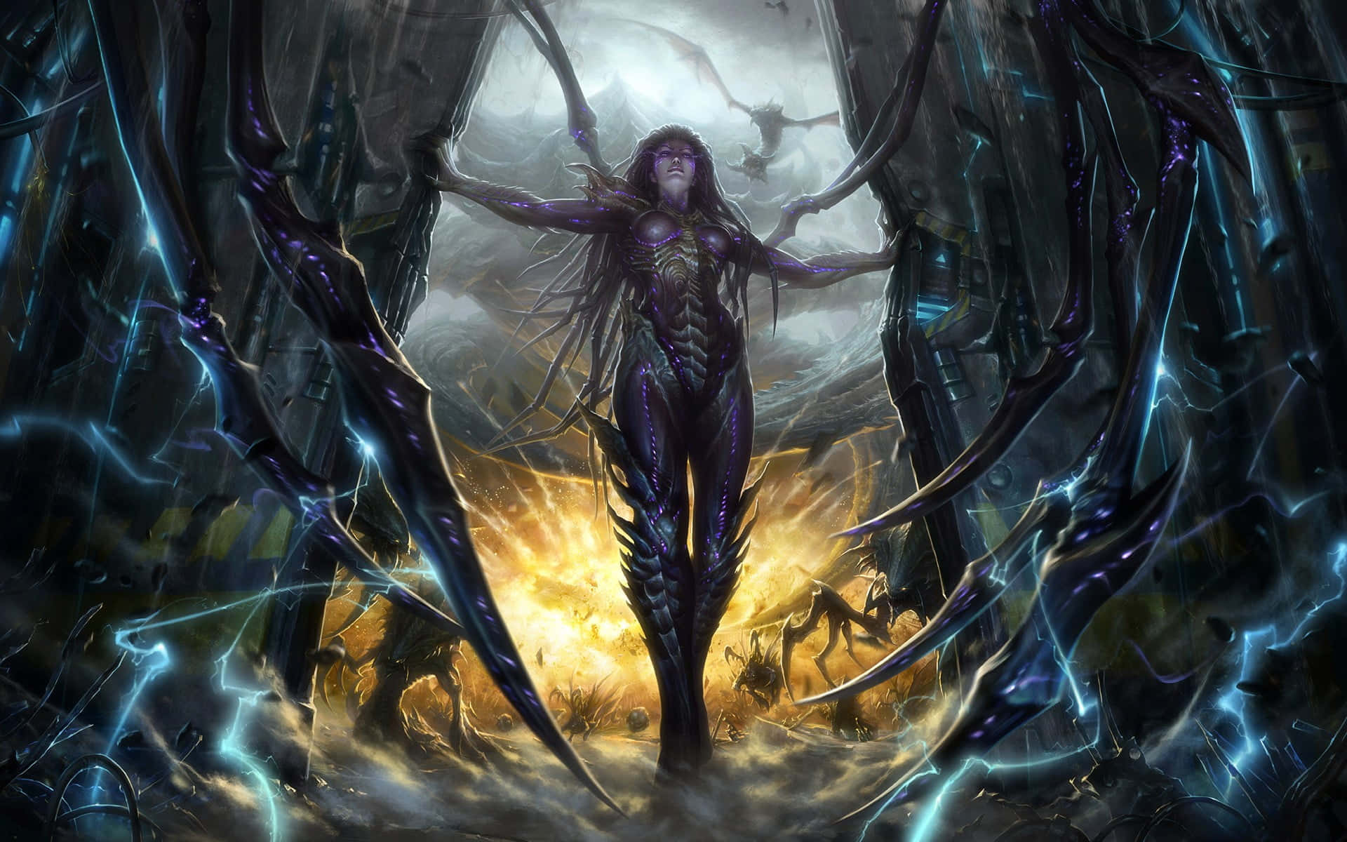 Starcraft characters, glowing purple armor, jagged crystalline structures, Full HD Desktop Wallpaper