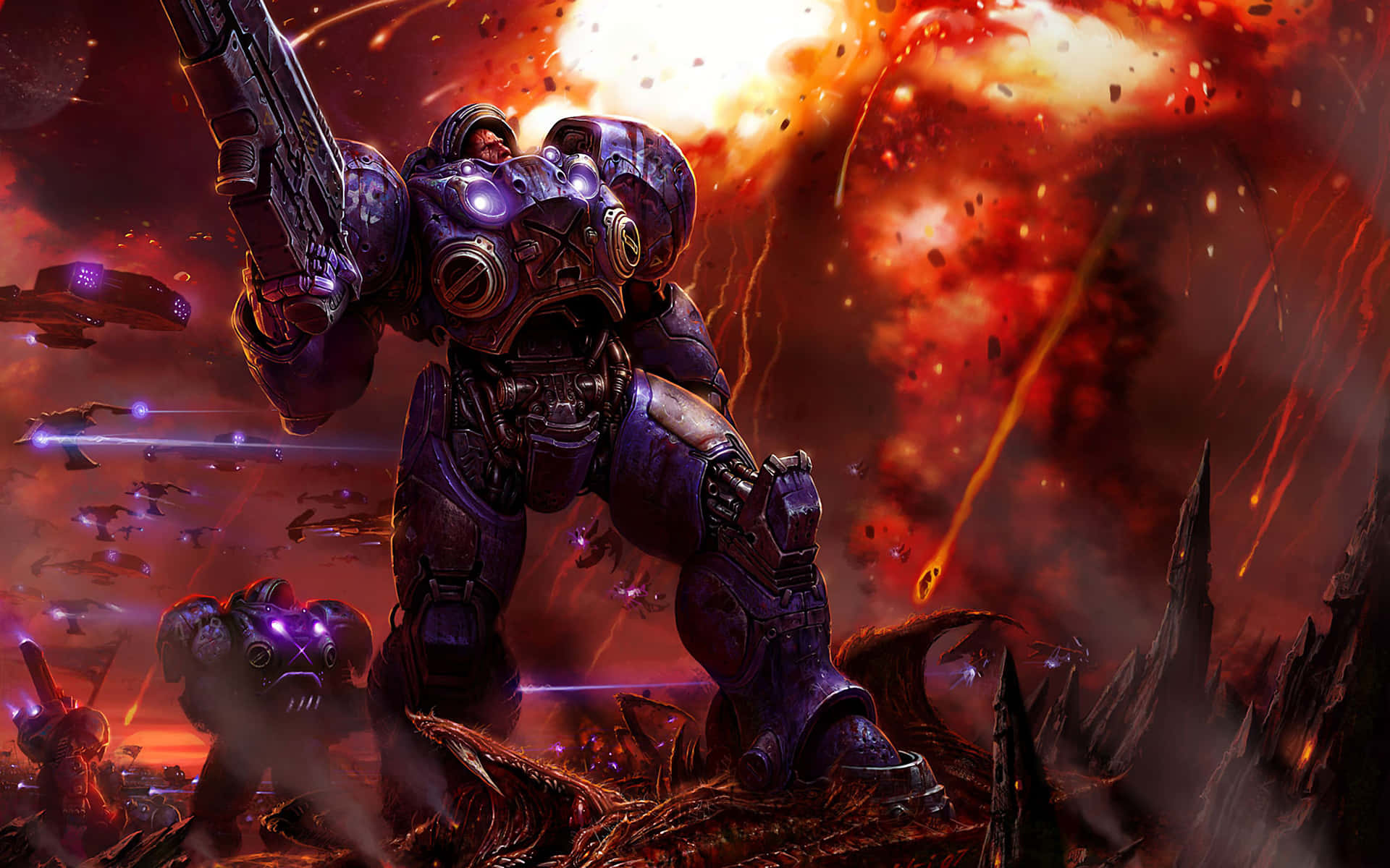 Starcraft, purple armored warrior, fiery battlefield, Full HD Desktop Wallpaper