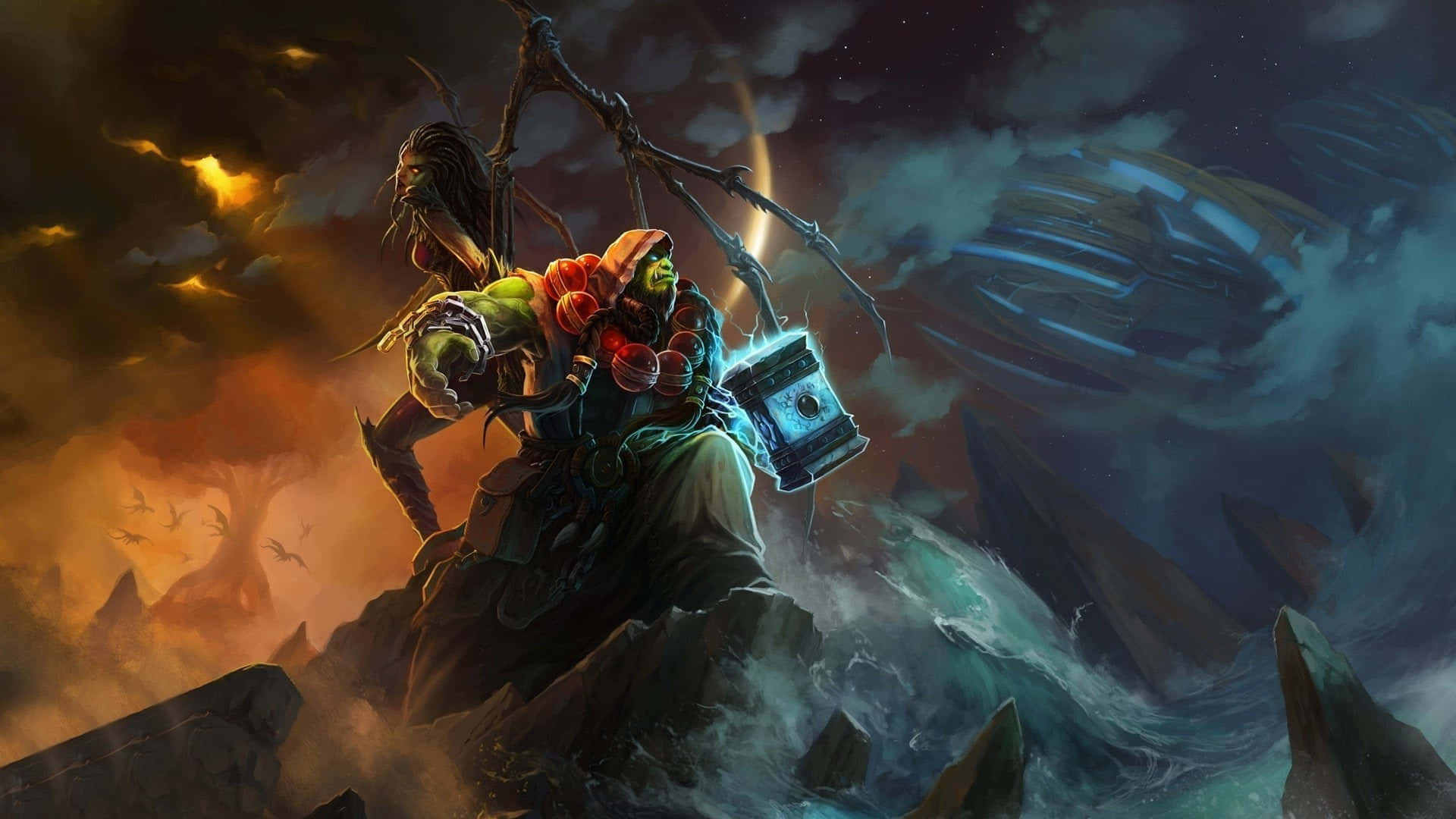 Starcraft, green orc warrior, glowing red eyes, Full HD Desktop Wallpaper