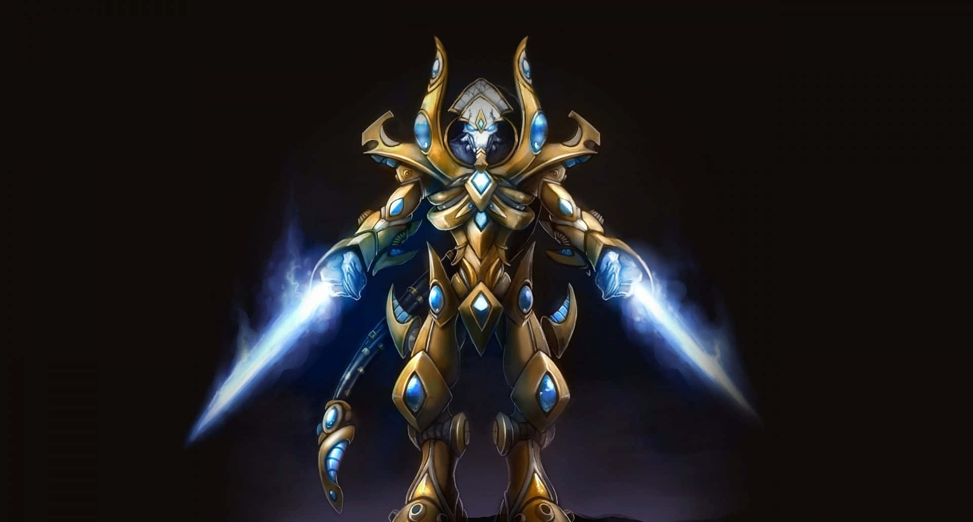 Starcraft characters, golden armored warrior, glowing blue blades, Full HD Desktop Wallpaper