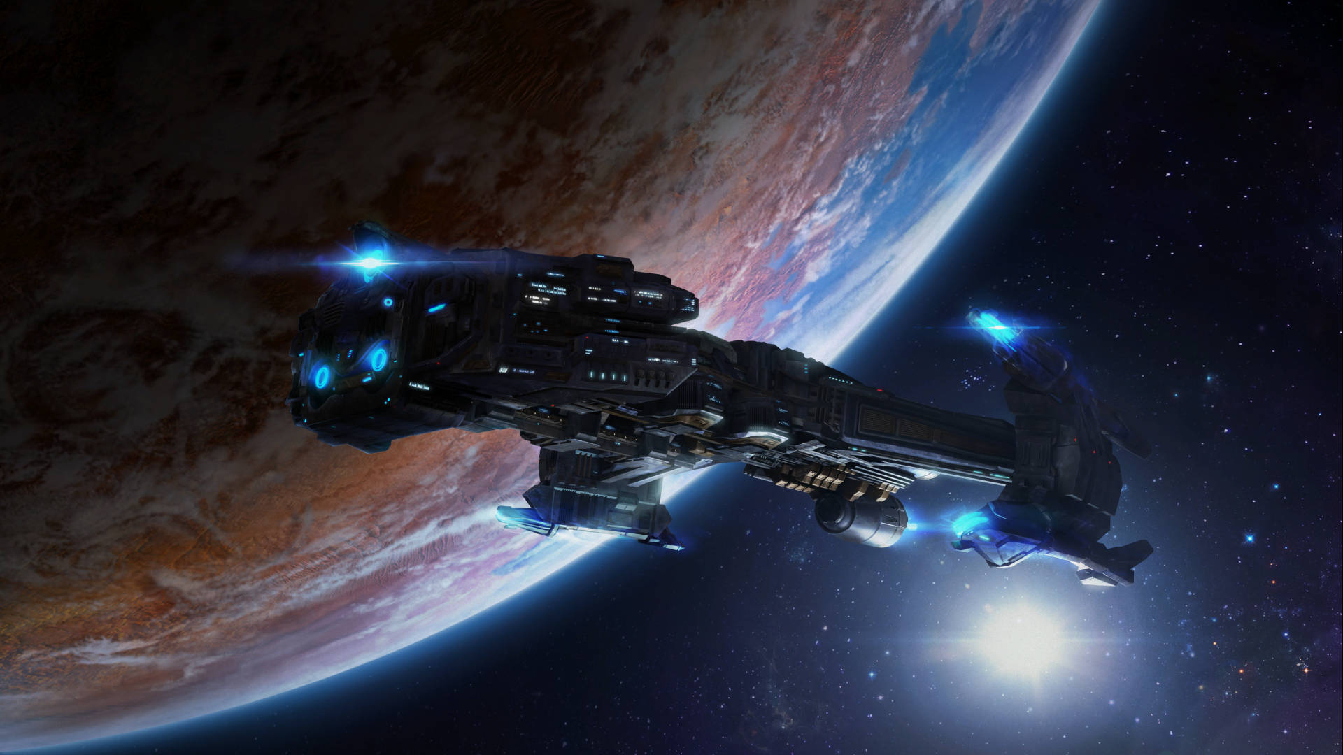Starcraft, hovering battle cruiser, glowing blue engines, Full HD Desktop Wallpaper
