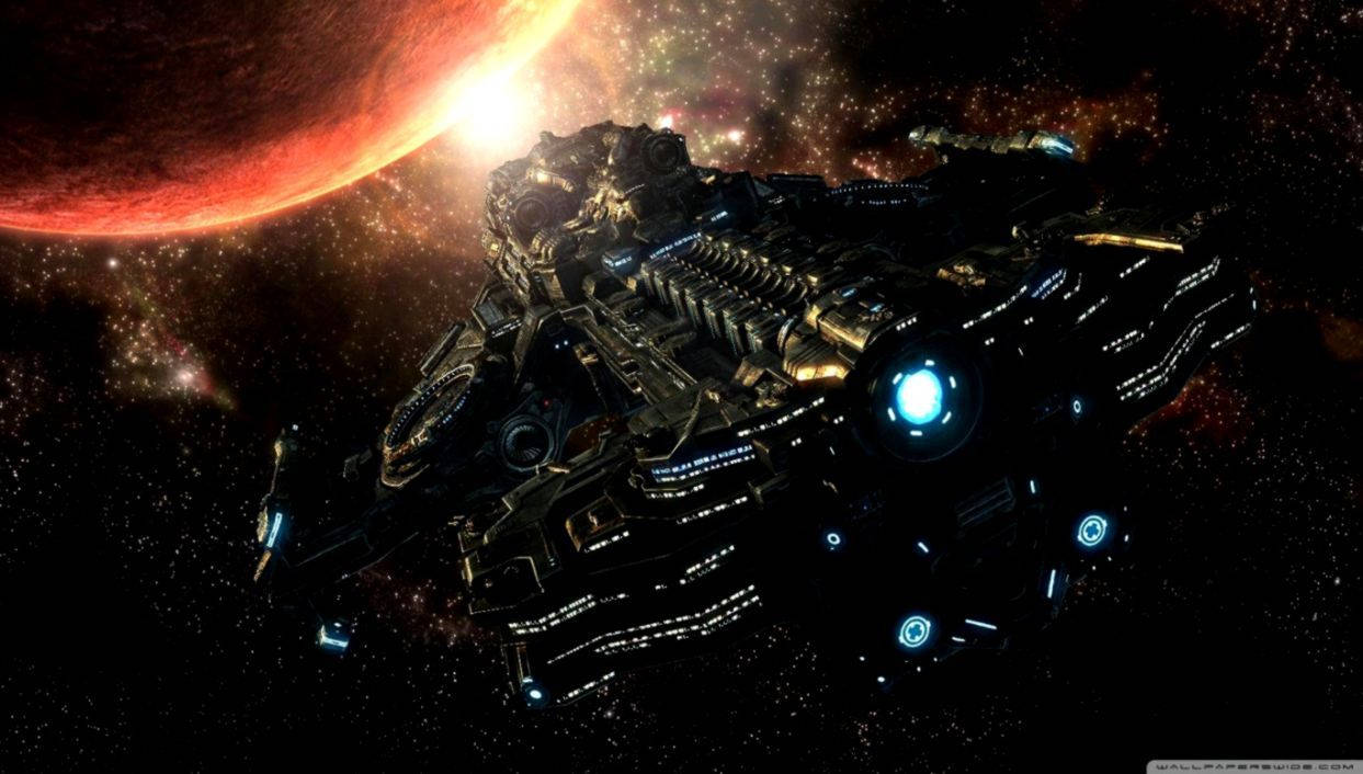 Starcraft, warship vessel, glowing blue lights, SD Desktop Wallpaper