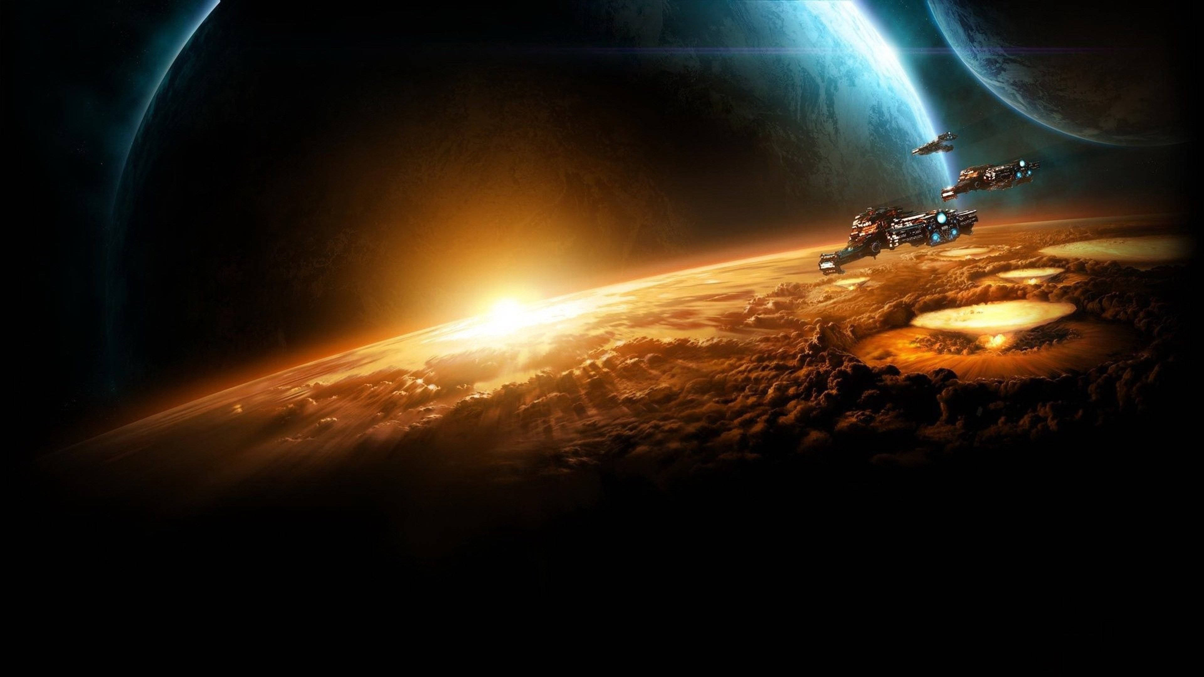 Starcraft, futuristic spaceships, glowing alien planet, 4K Desktop Wallpaper