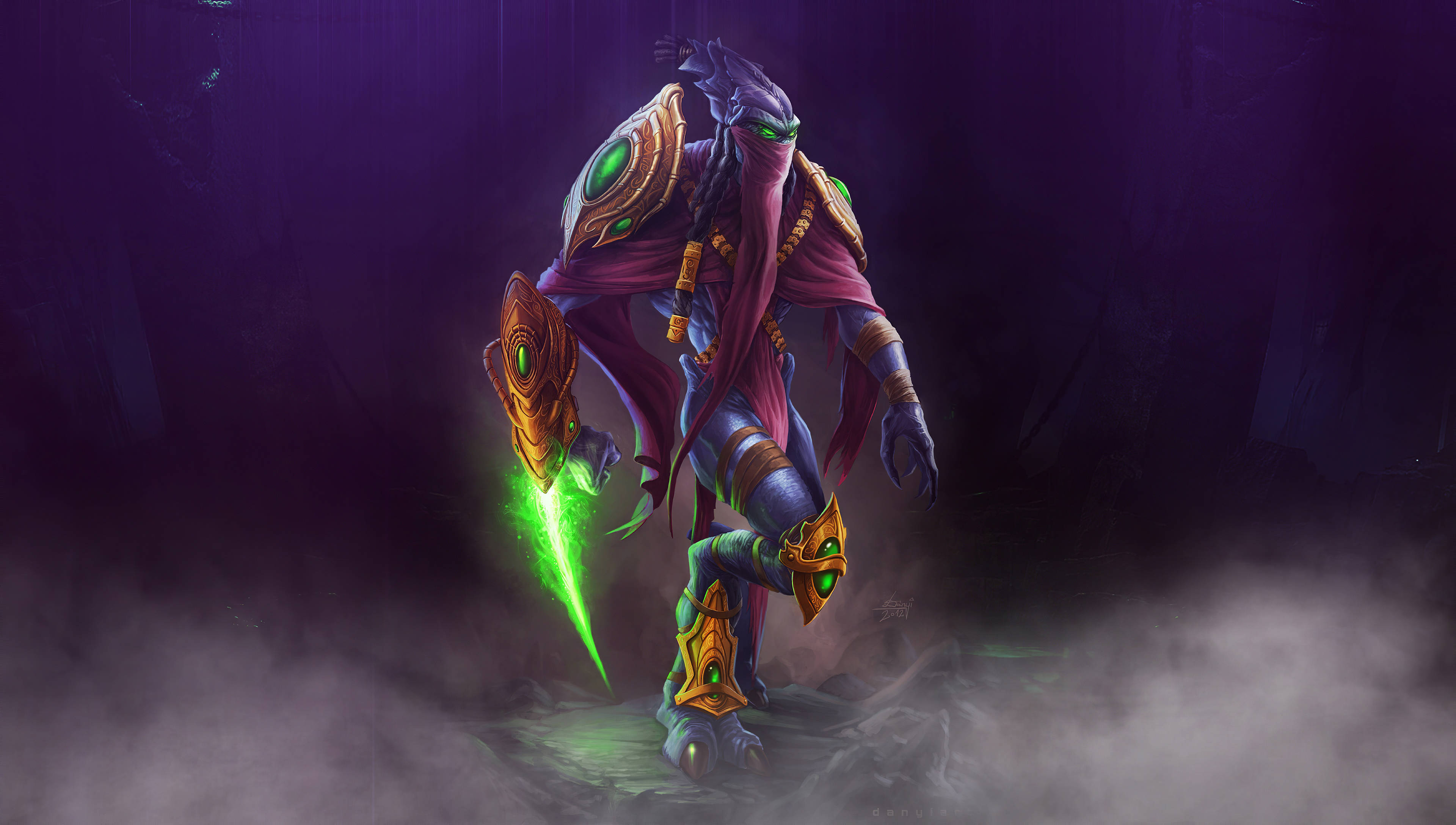 Starcraft, purple-skinned alien warrior, glowing green eyes, 4K Desktop Wallpaper