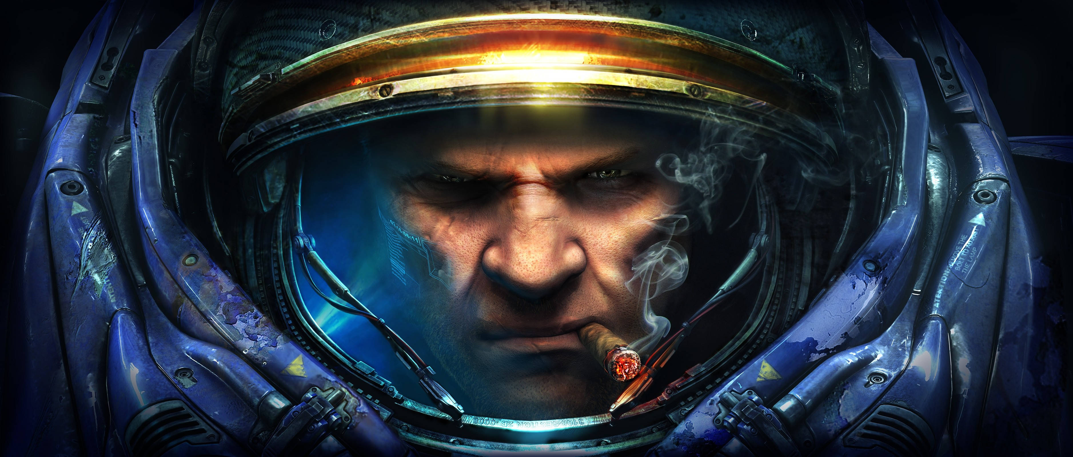 Starcraft, blue helmet, cigar, 2K Desktop Wallpaper