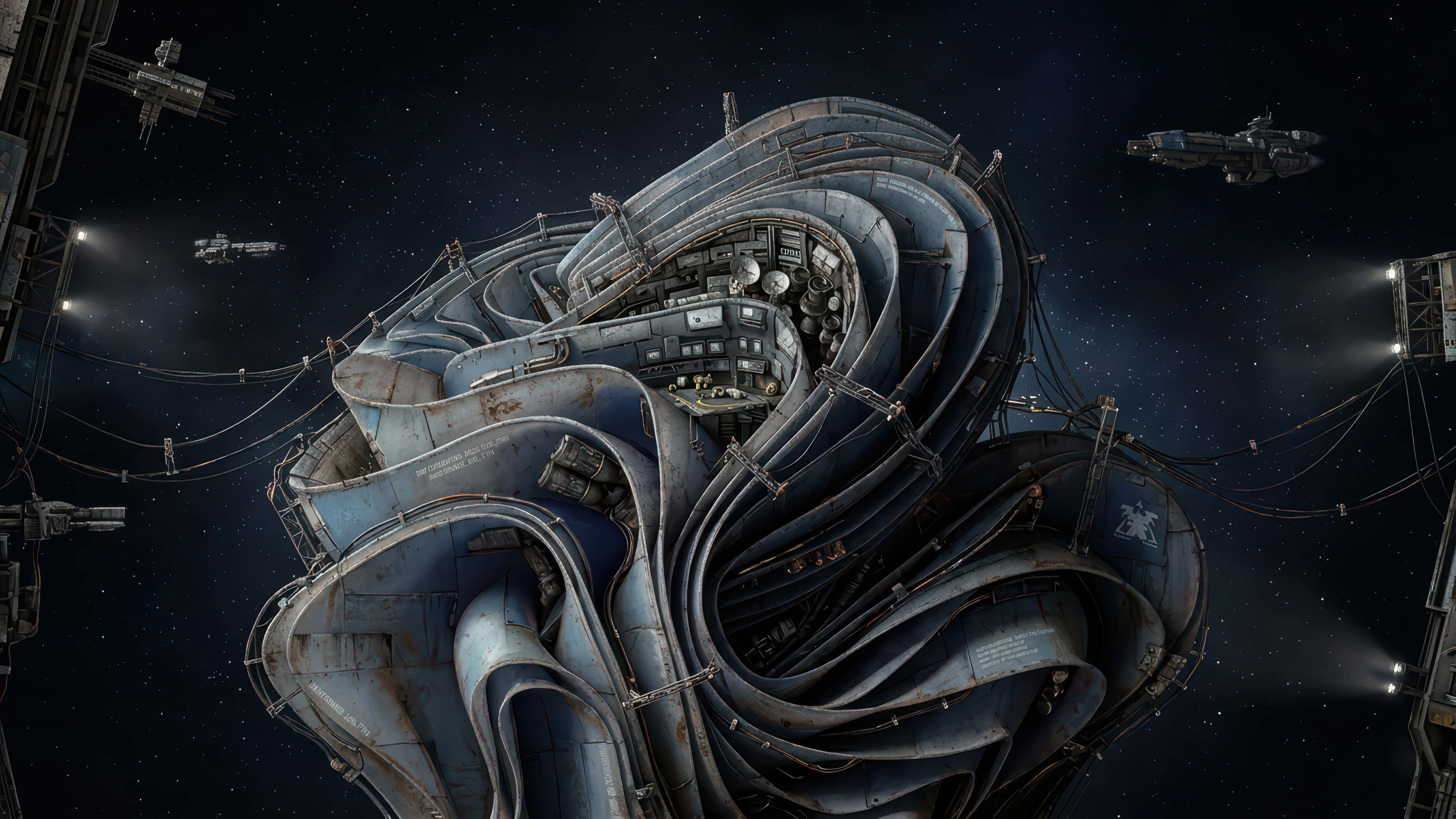 Starcraft, spiraling space station, rusted metallic tubes, 4K Desktop Wallpaper