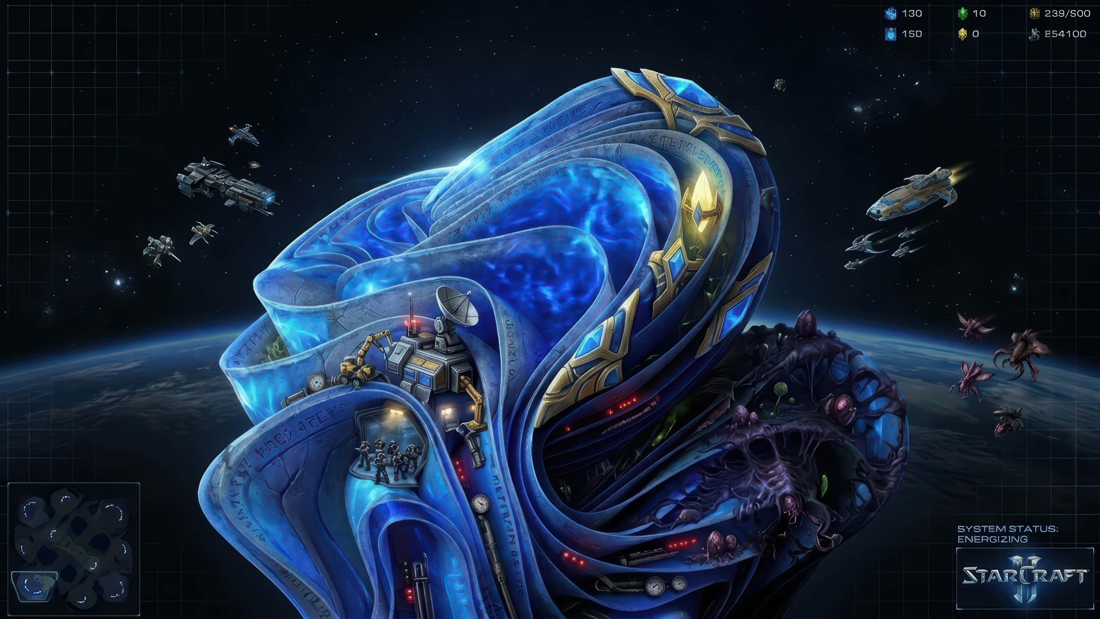 Starcraft 2, bloom modded wallpaper, blue and gold alien structure, 4K Desktop Wallpaper