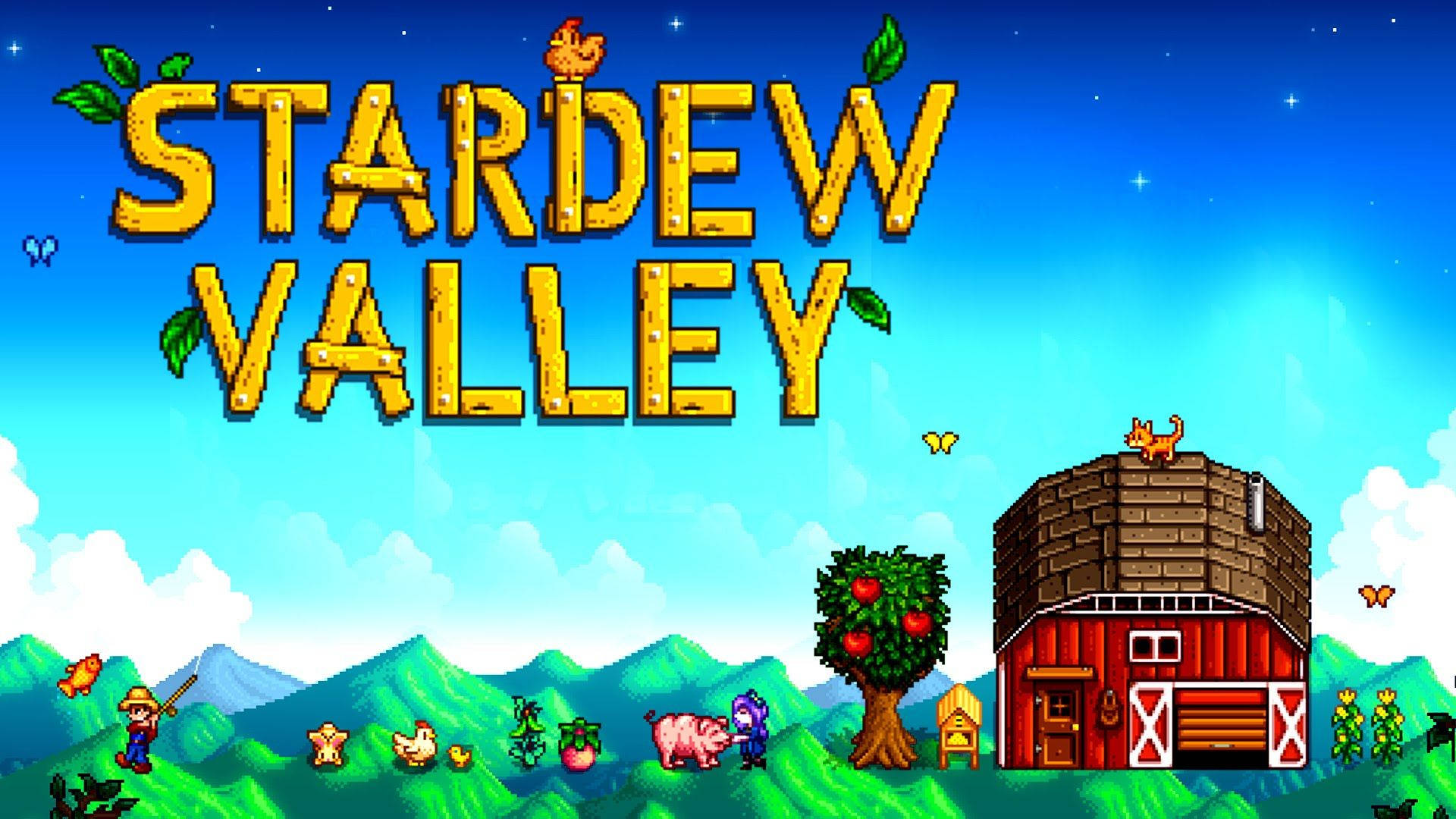 Stardew Valley, red barn, apple tree, Full HD Desktop Wallpaper