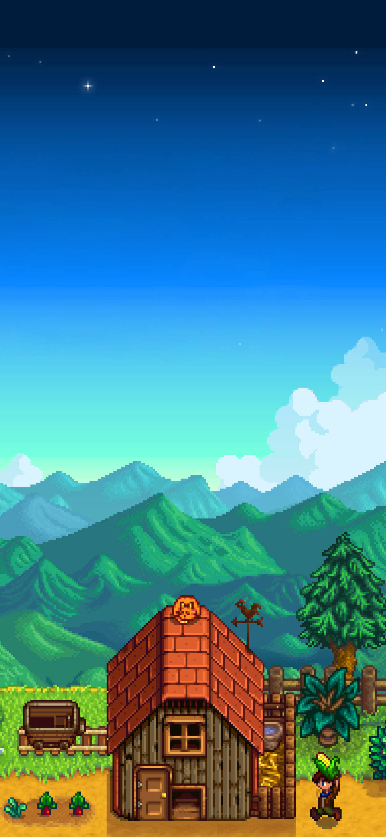 Stardew Valley, pixel-art farmhouse, red roof, 2K Phone Wallpaper