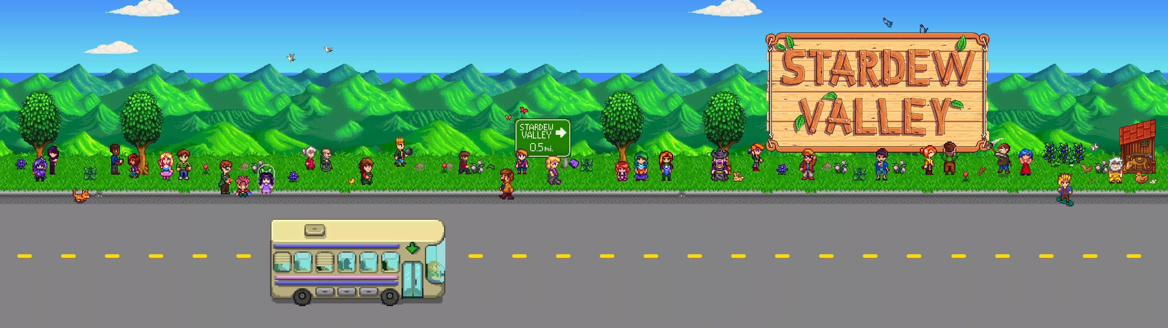 Stardew Valley, signboard, pixel-art bus, 4K Desktop Wallpaper