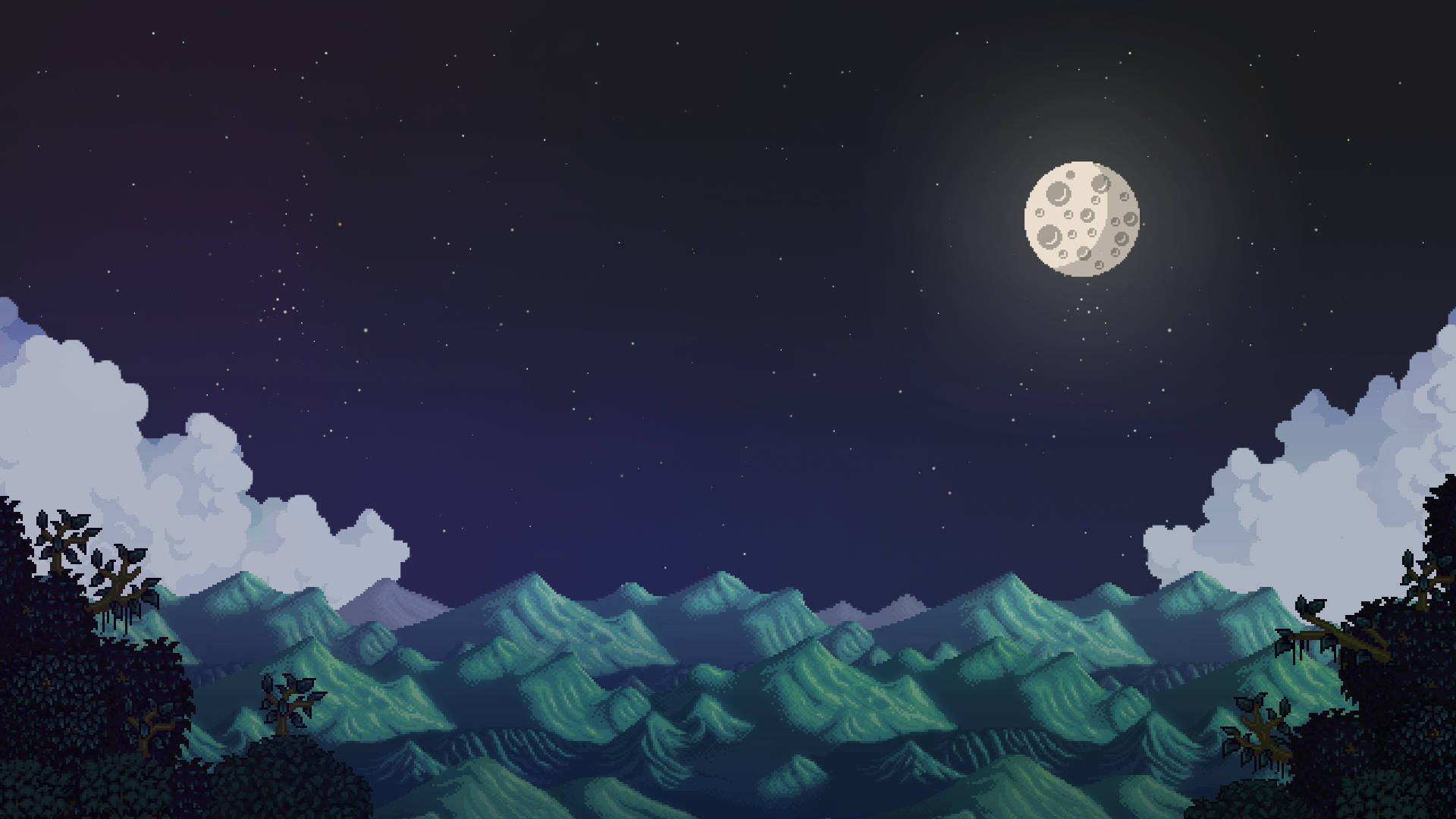 Stardew Valley, full moon, teal mountains, Full HD Desktop Wallpaper