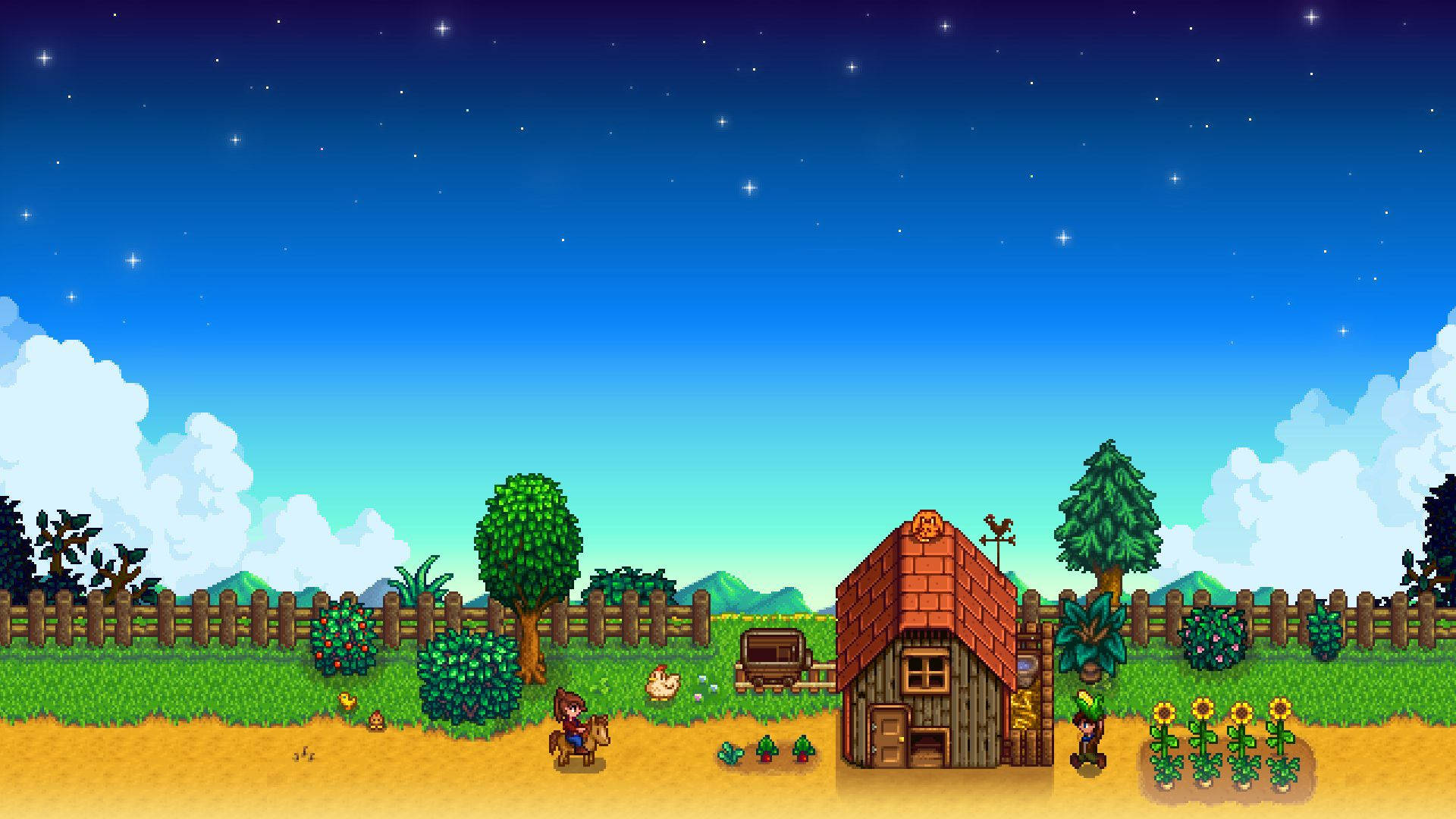 Stardew Valley, pixel-art farmstead, starry twilight sky, Full HD Desktop Wallpaper