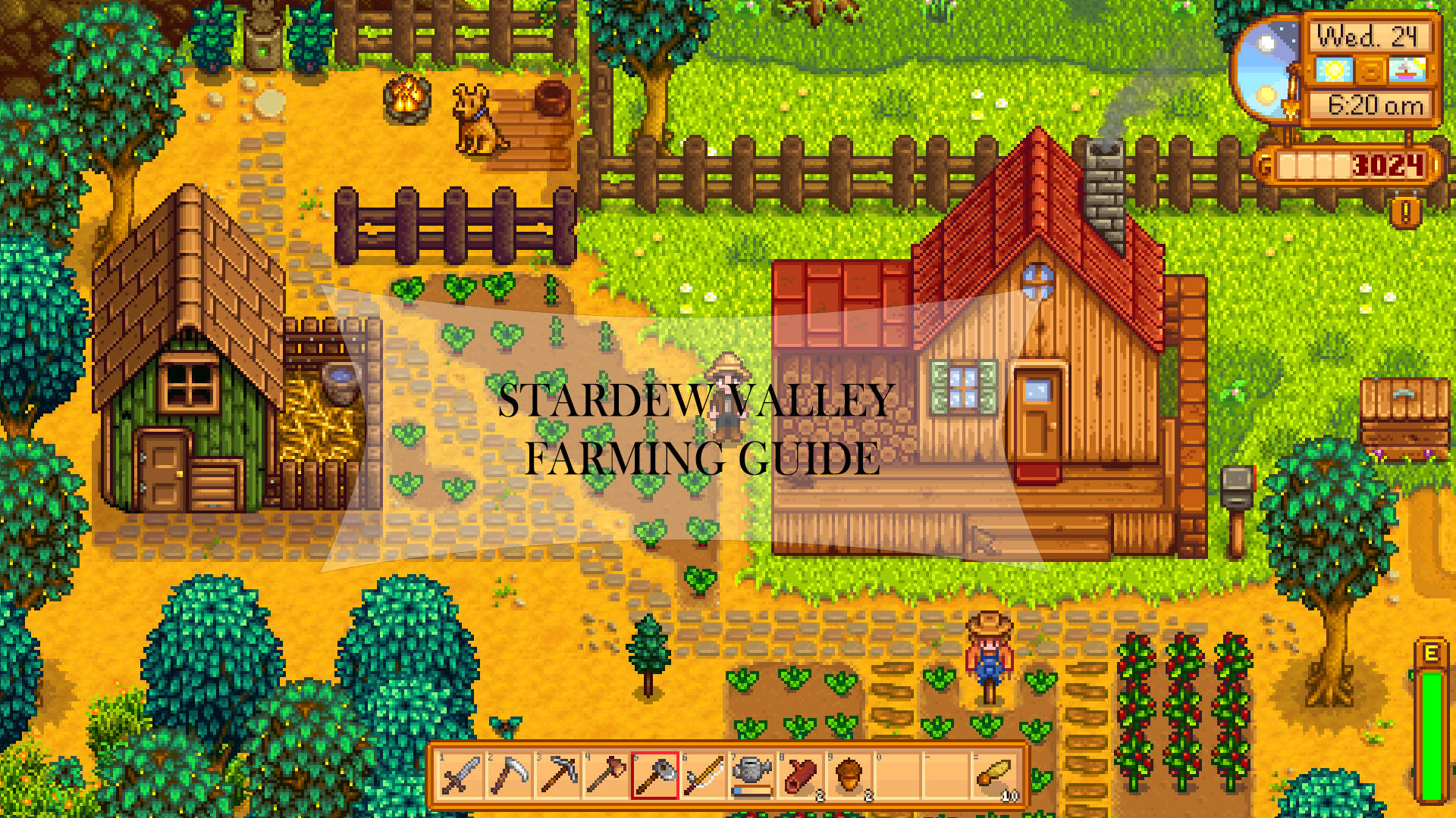 Stardew Valley, pixel-art farm scene, wooden houses, Full HD Desktop Wallpaper