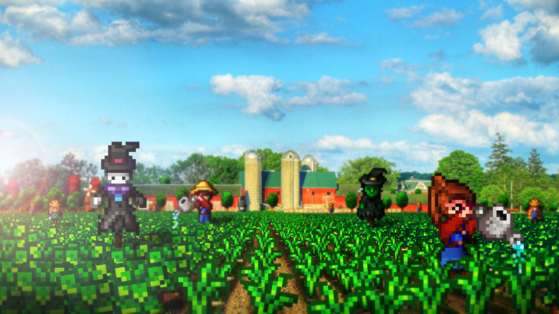 Stardew Valley, pixelated characters, vibrant green field, Full HD Desktop Wallpaper