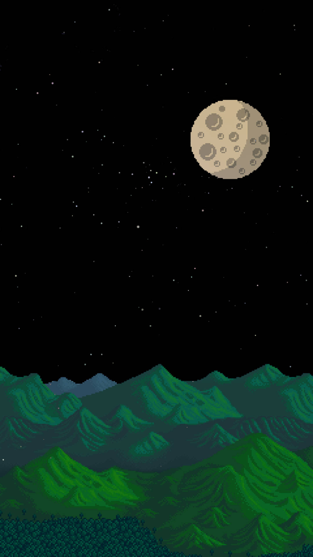 Full Moon, Stardew Valley, pixelated green mountains, Full HD Phone Wallpaper