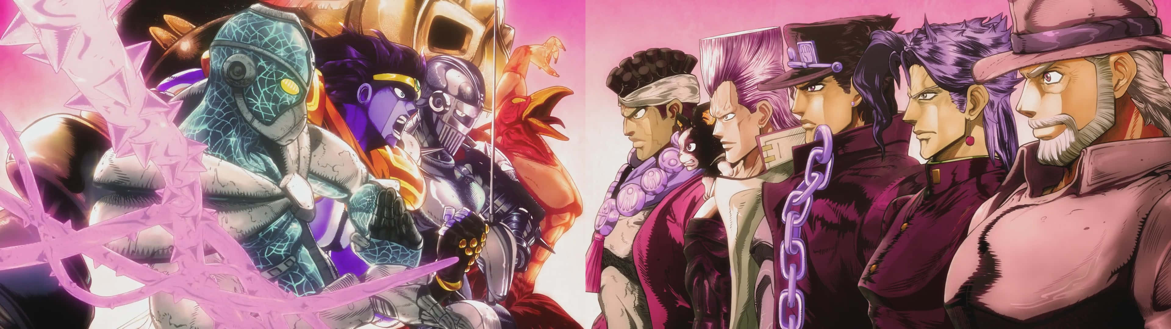 Stardust Crusaders, anime characters, pink energy bursts, 4K Desktop Wallpaper