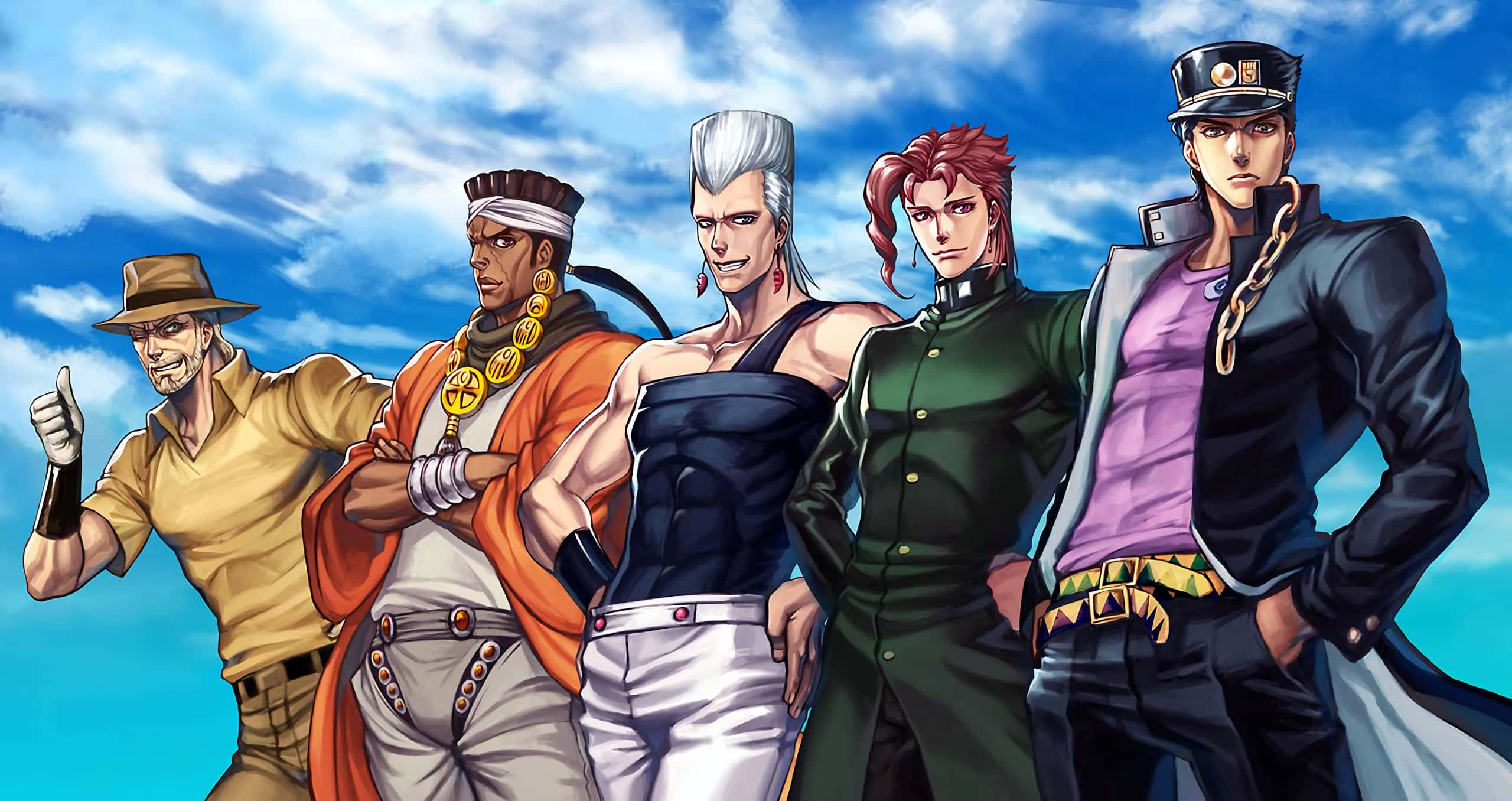 Stardust Crusaders, anime characters, bright blue sky, 2K Desktop Wallpaper