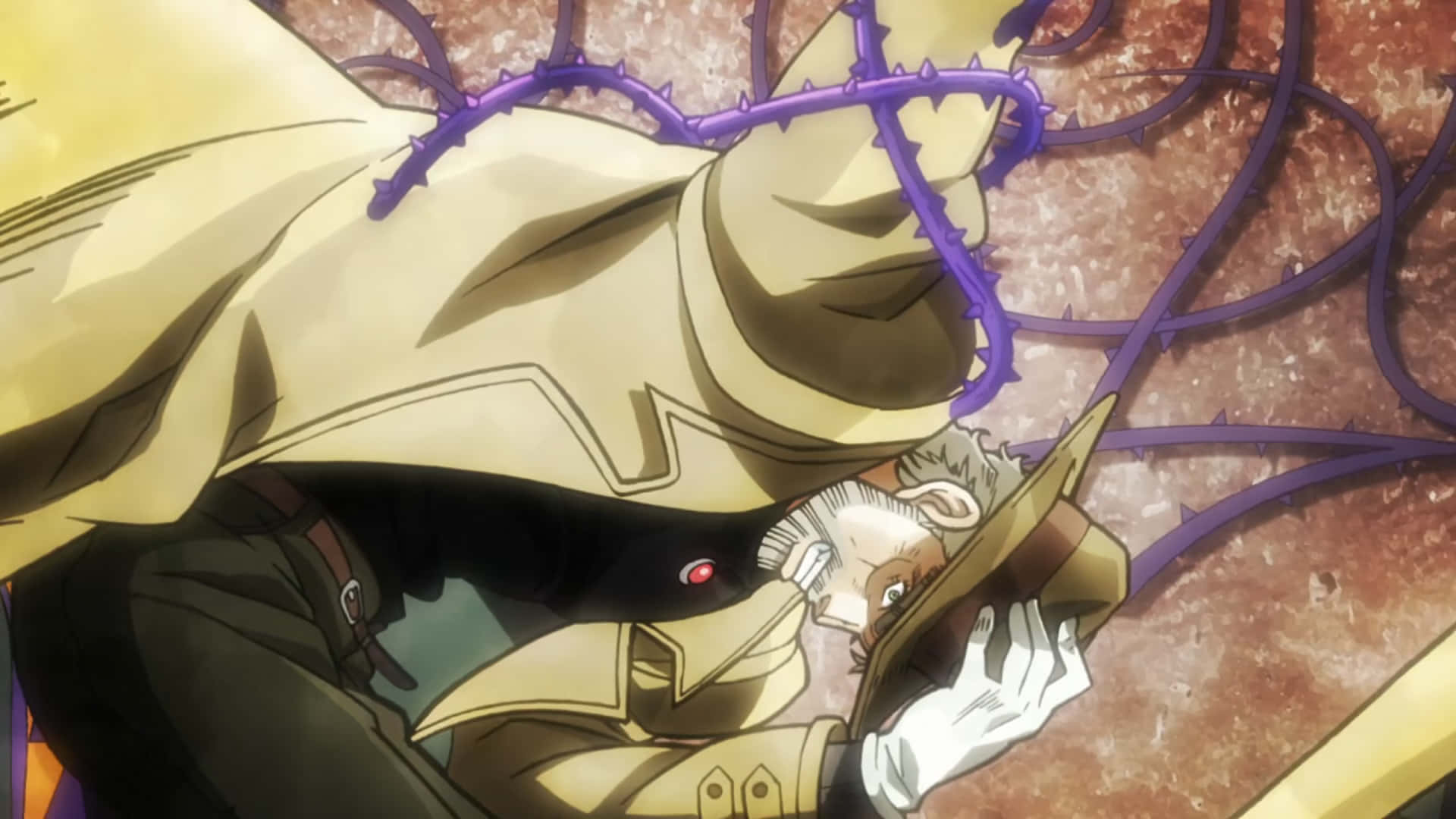 Stardust Crusaders, tan coat, purple thorny vines, Full HD Desktop Wallpaper