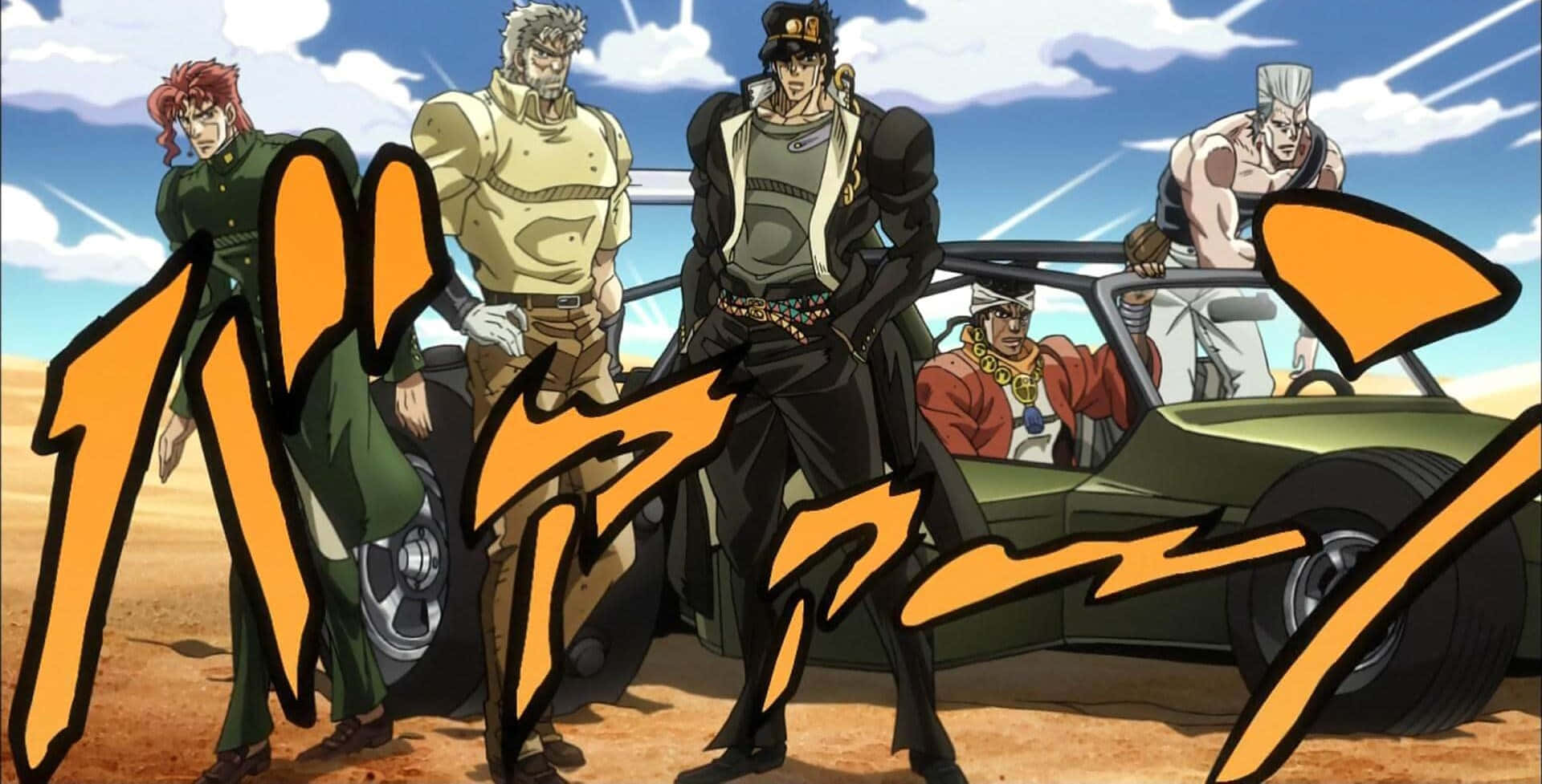 Stardust Crusaders, green convertible, desert, Full HD Desktop Wallpaper