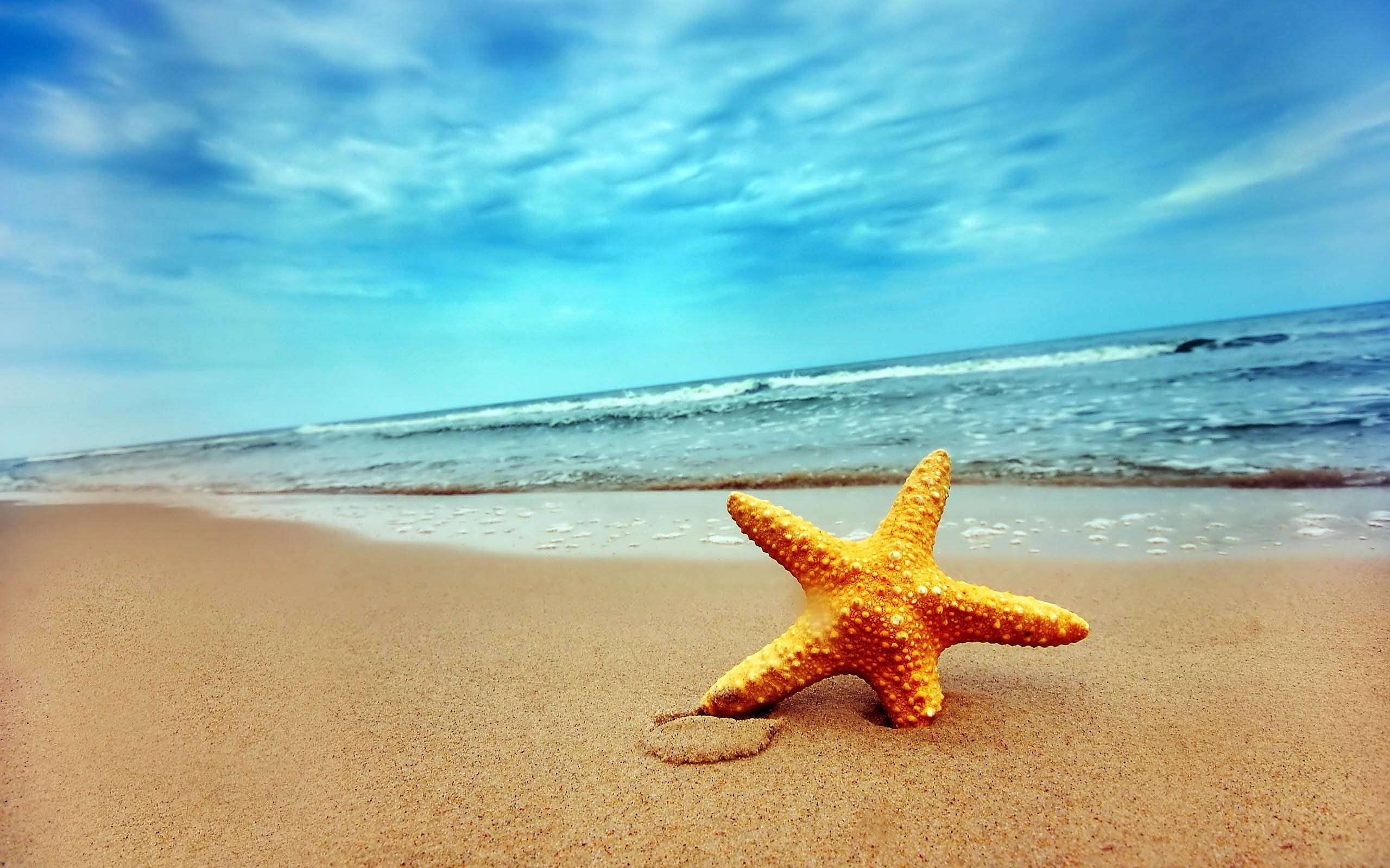 starfish, golden sand, ocean waves, 2K Desktop Wallpaper