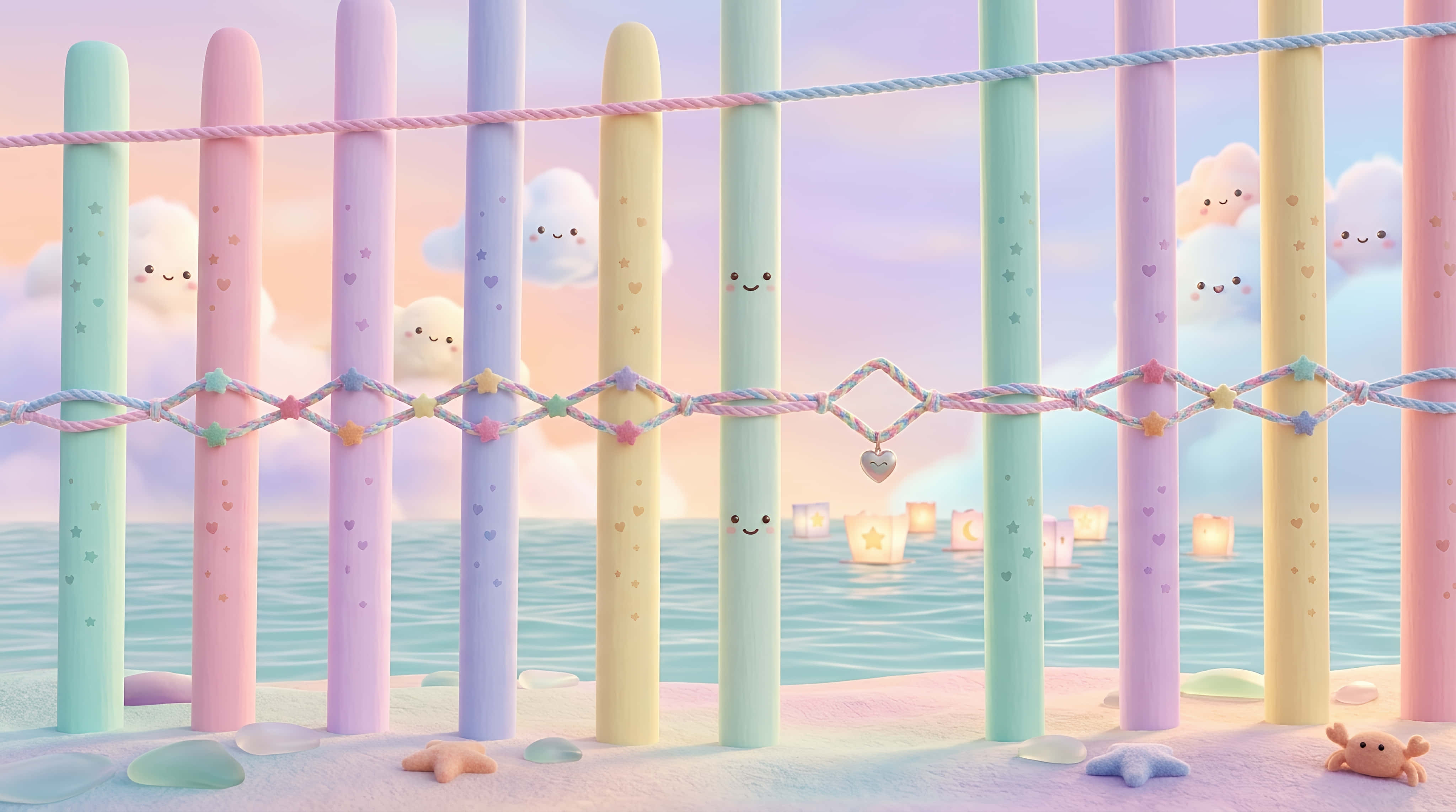pastel-colored fence posts, smiling clouds, starfish, 4K Desktop Wallpaper