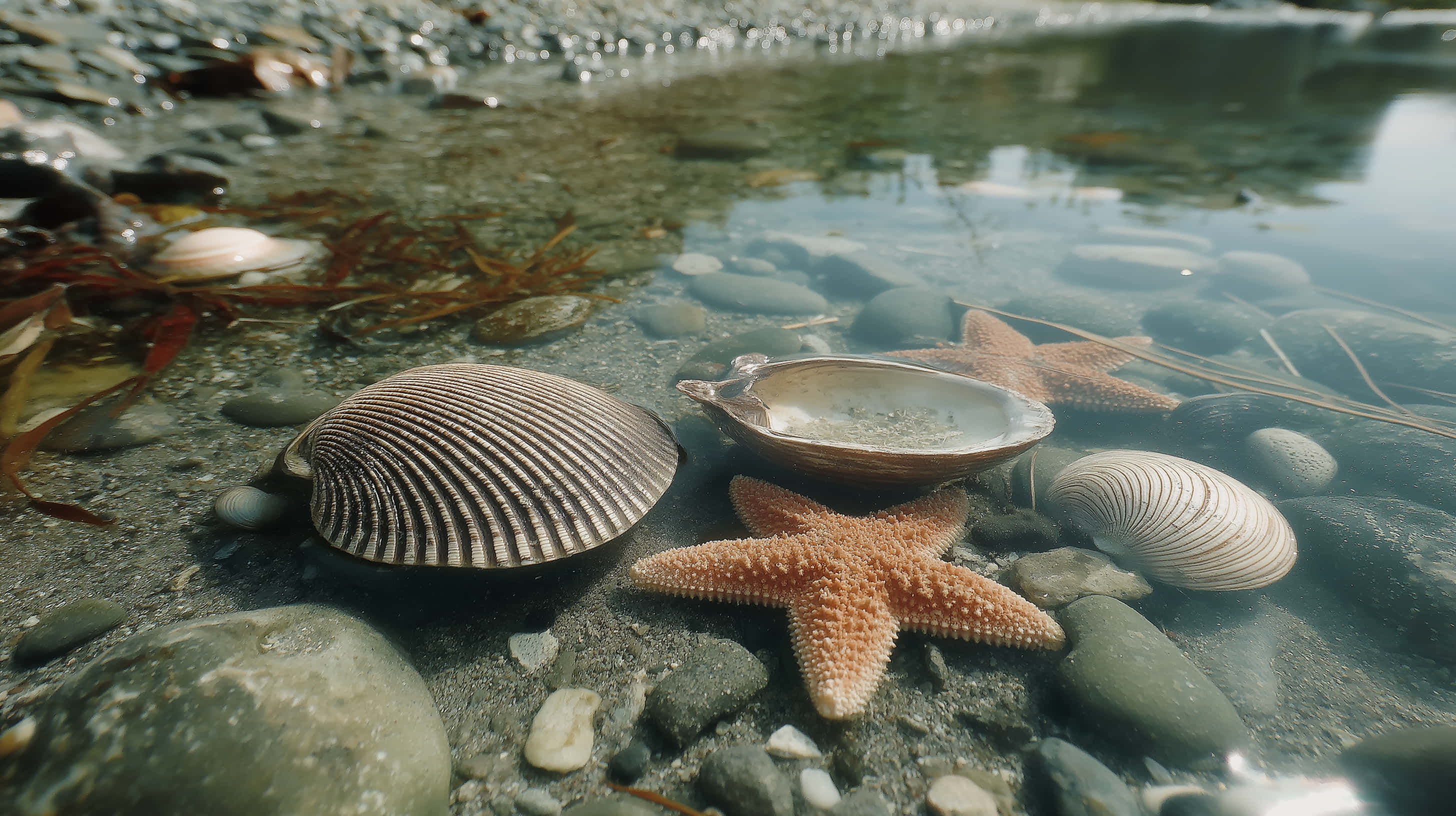 starfish, seashells, wet pebbles, 2K Desktop Wallpaper