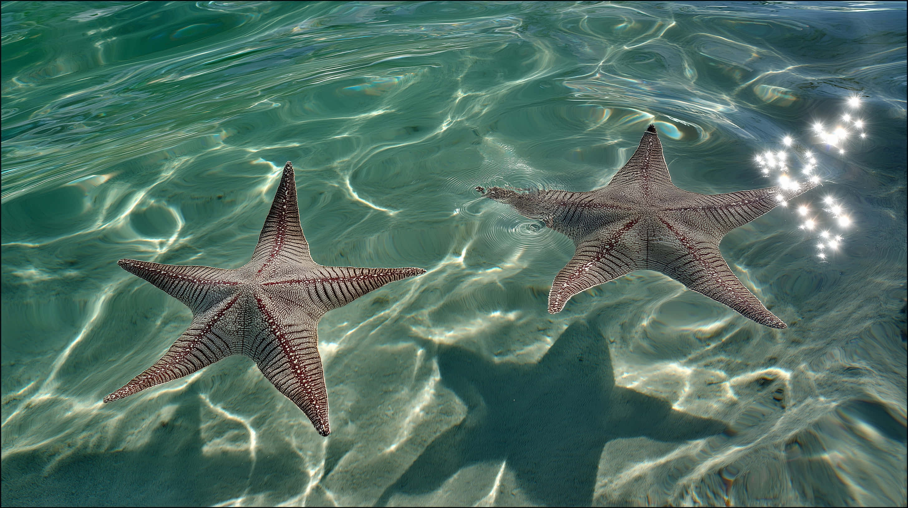 starfish, sandy ocean floor, turquoise water, 2K Desktop Wallpaper