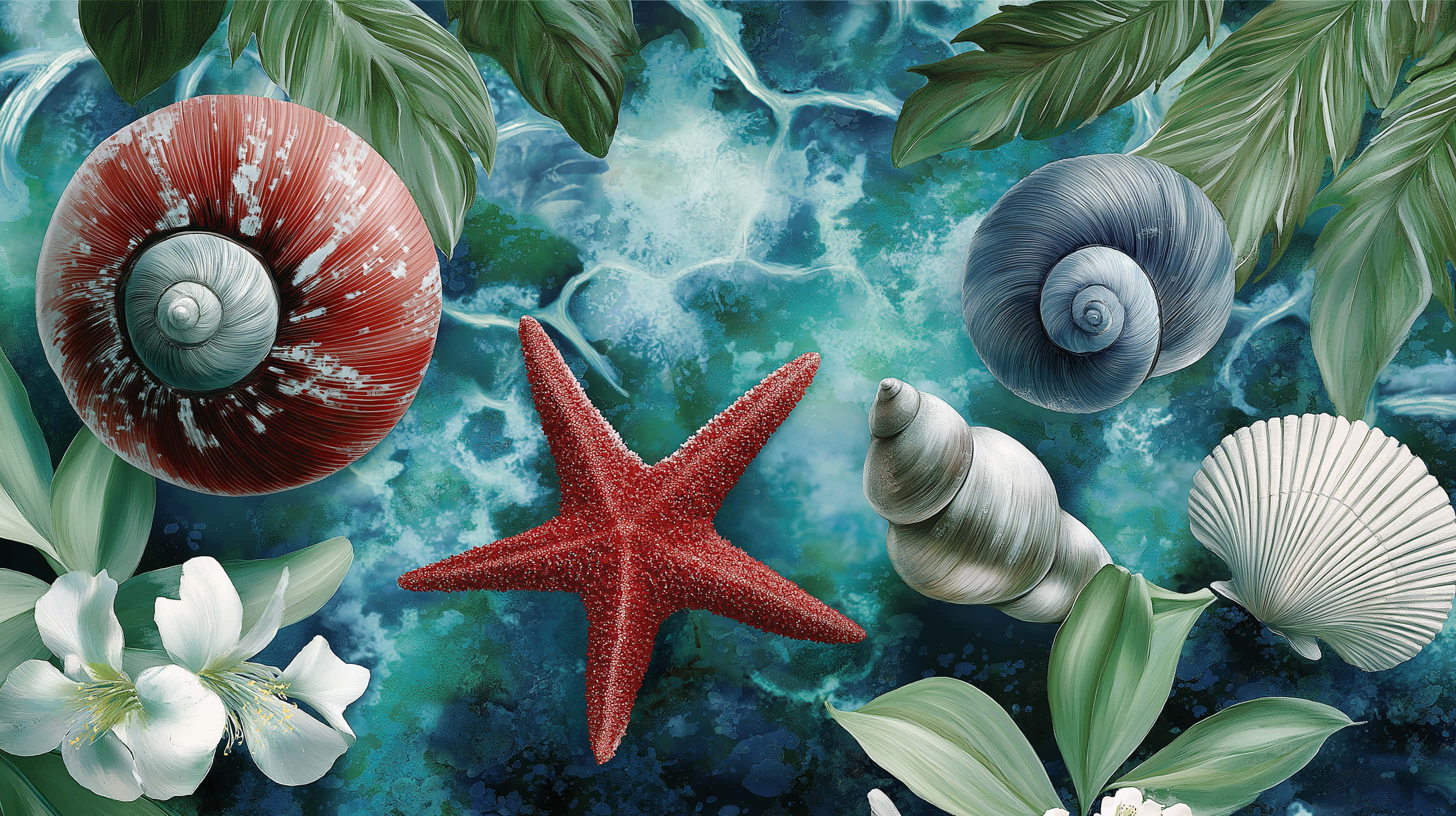 red starfish, colorful seashells, white flowers, 2K Desktop Wallpaper
