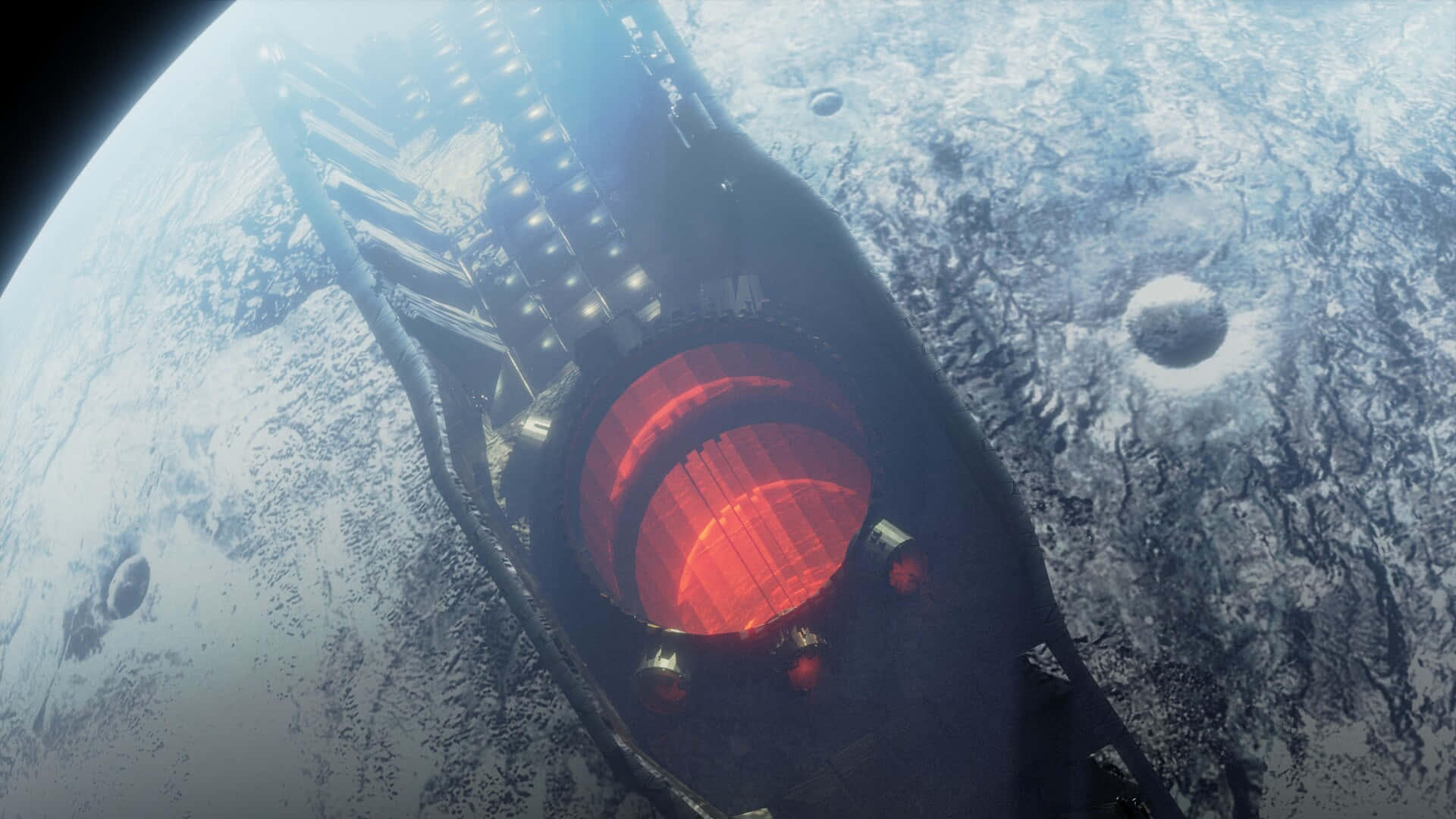 Starkiller Base, cratered icy moon surface, glowing red engines, Full HD Desktop Wallpaper