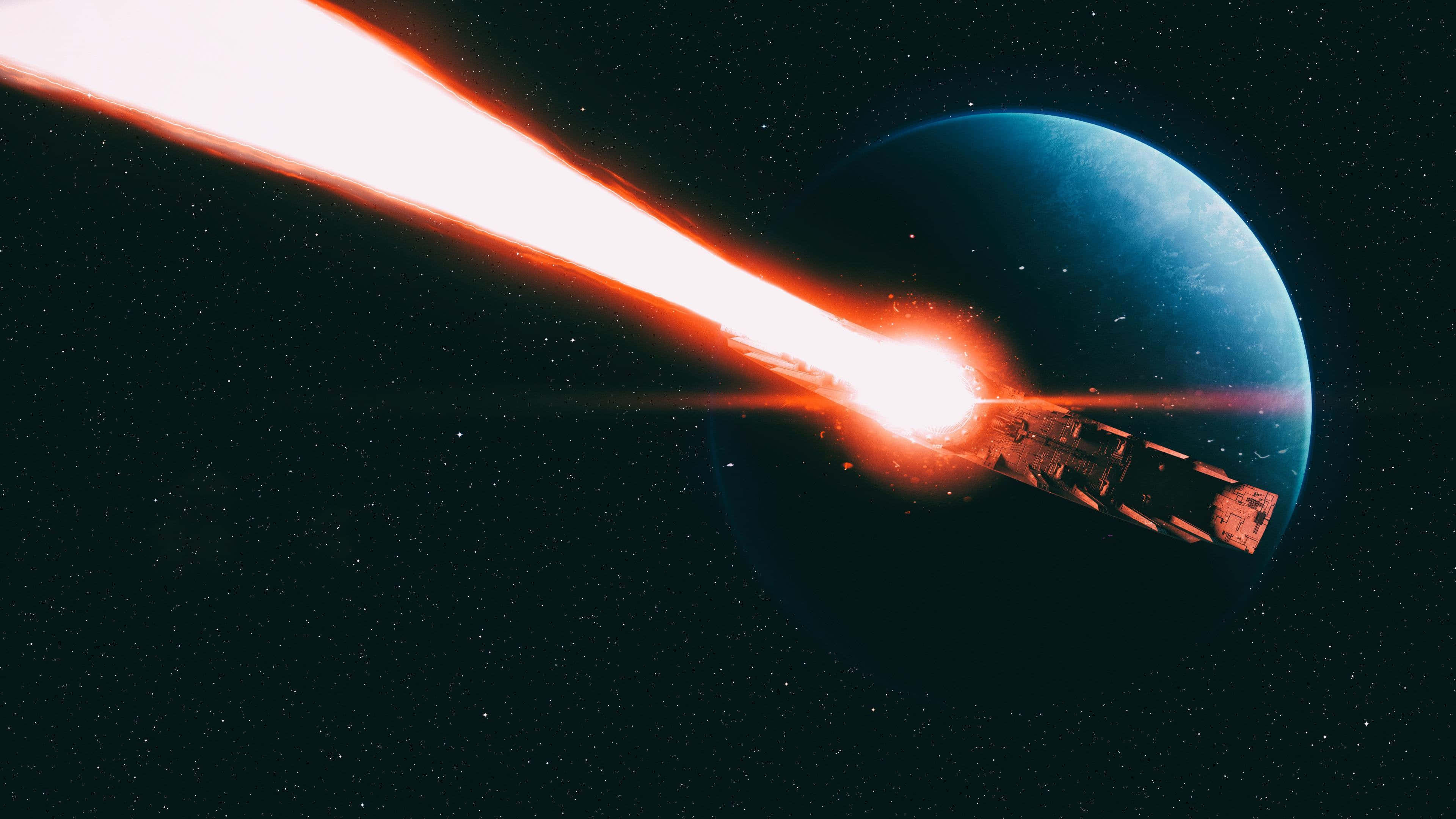 Starkiller Base, blue planet, fiery orange exhaust trail, 4K Desktop Wallpaper