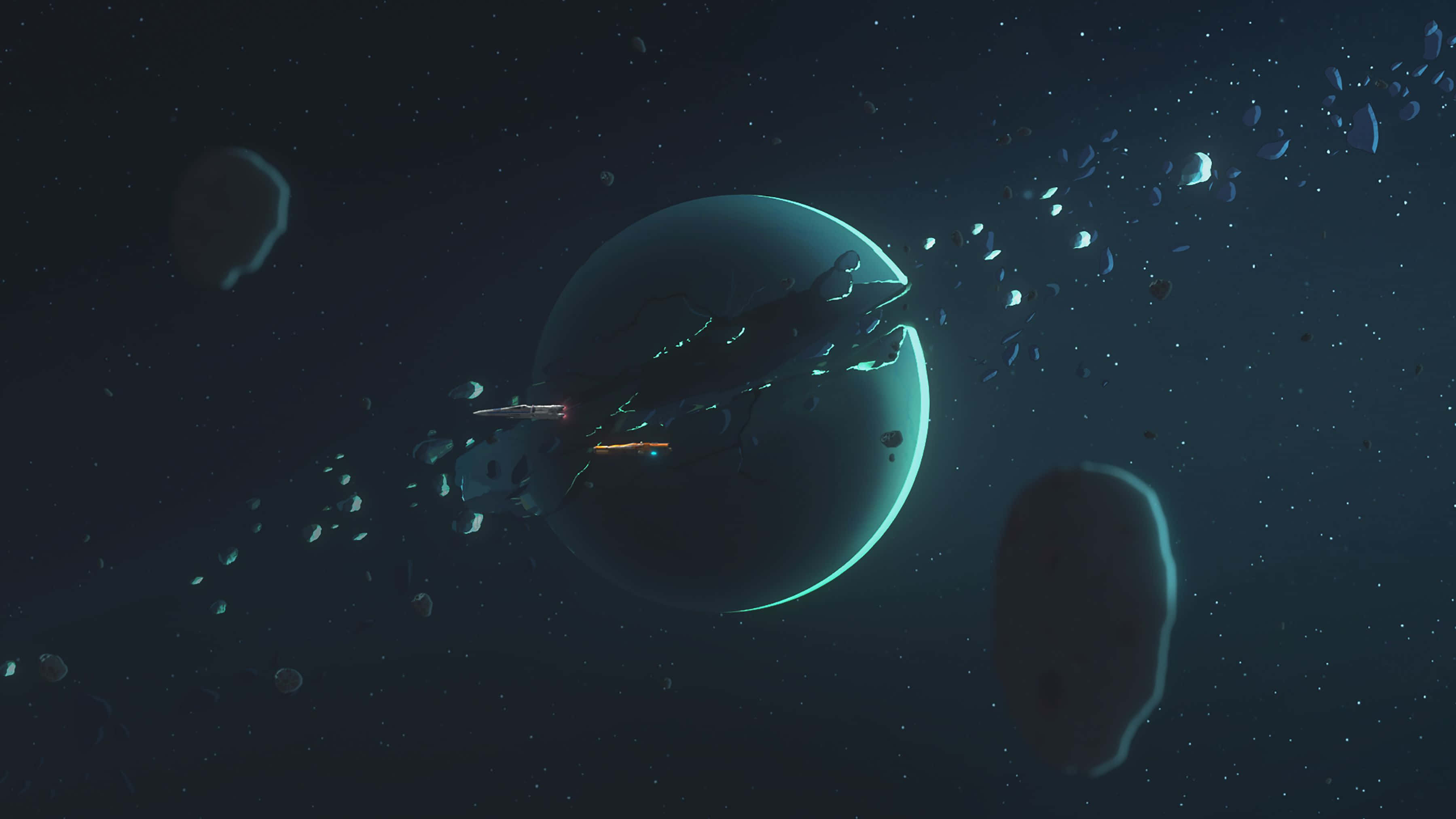 Starkiller Base, teal planet, floating asteroids, 2K Desktop Wallpaper