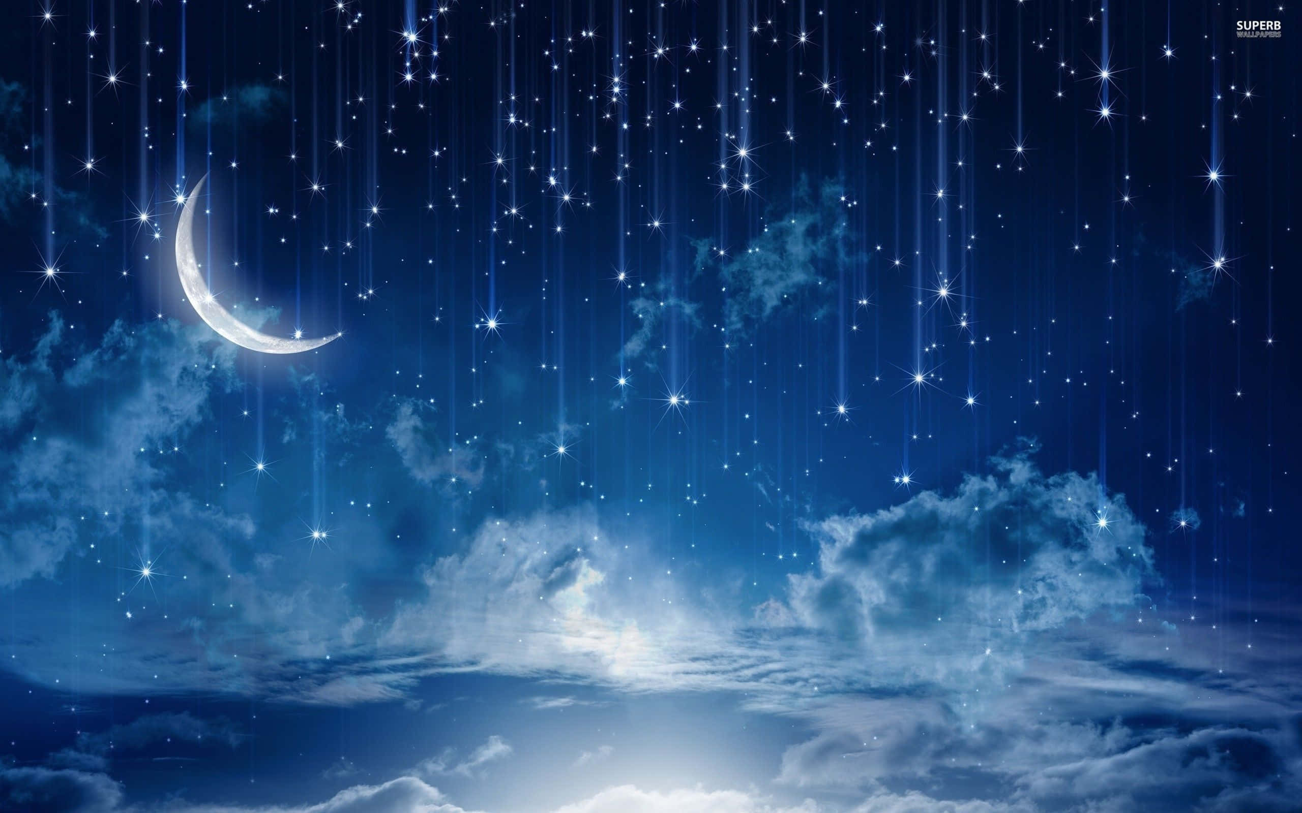 Starry Night Sky, crescent moon, shimmering stars, 2K Desktop Wallpaper