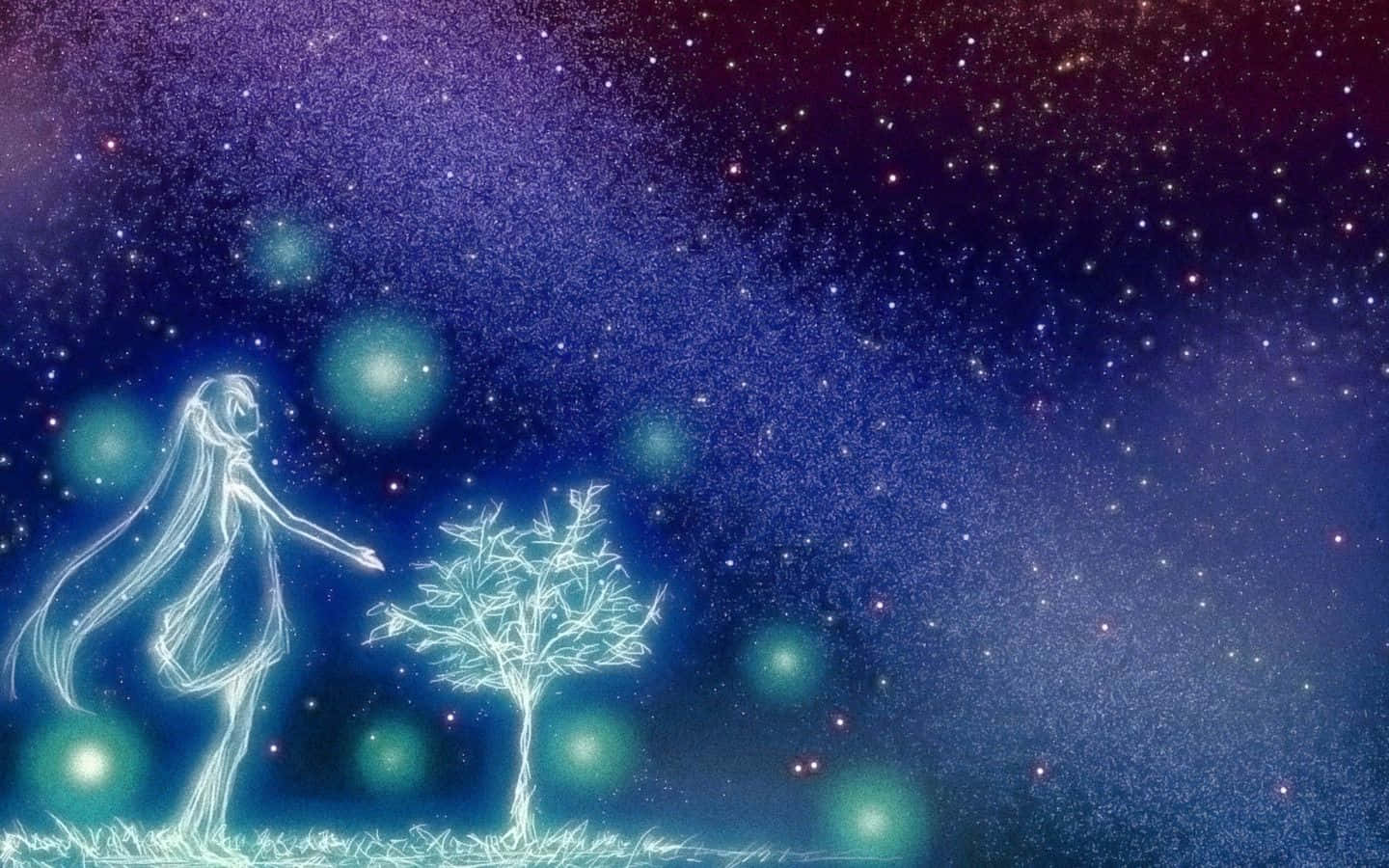 Starry Night Sky, anime girl, luminous tree, HD Desktop Wallpaper