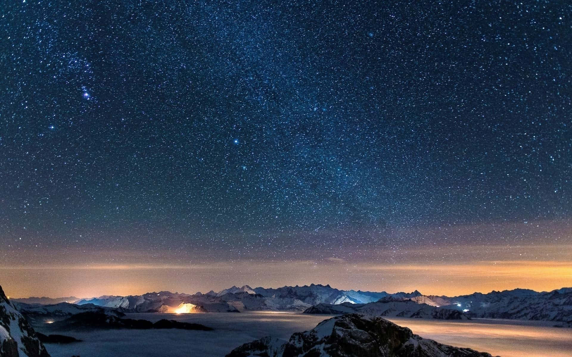 Starry Night Sky, snowy mountain peaks, breathtaking starry night sky, Full HD Desktop Wallpaper