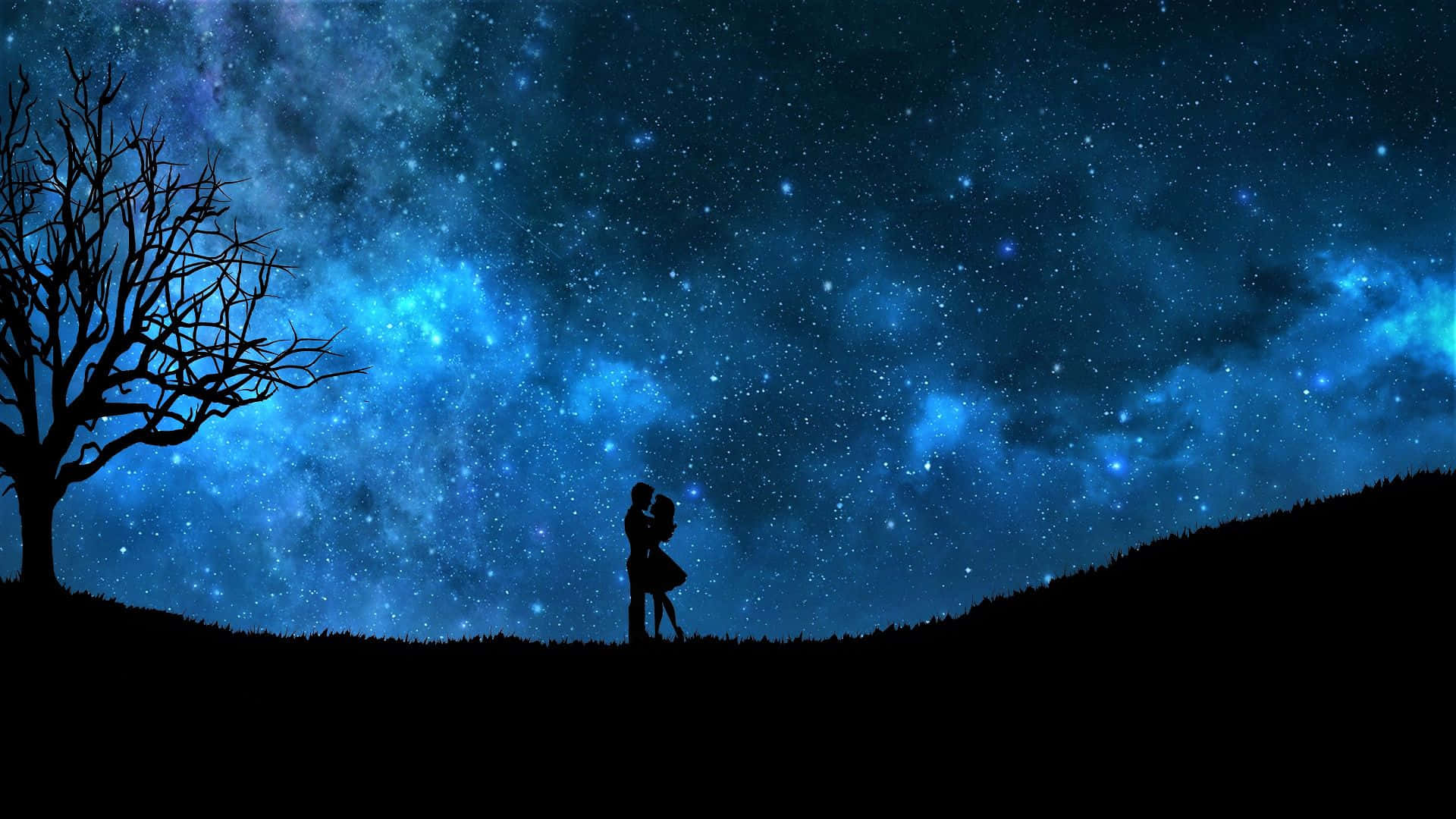 Starry Night Sky, vibrant blue starry sky, silhouetted couple, Full HD Desktop Wallpaper