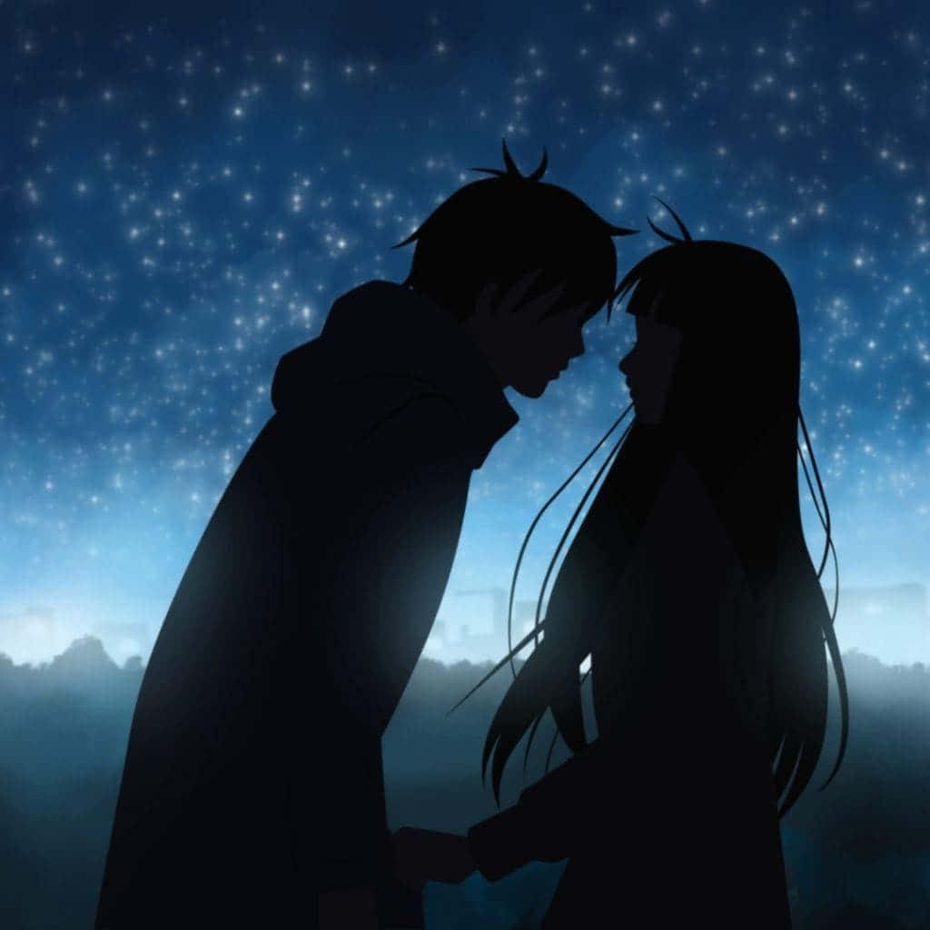 starry night sky, silhouetted anime couple, holds hands, SD Desktop Wallpaper