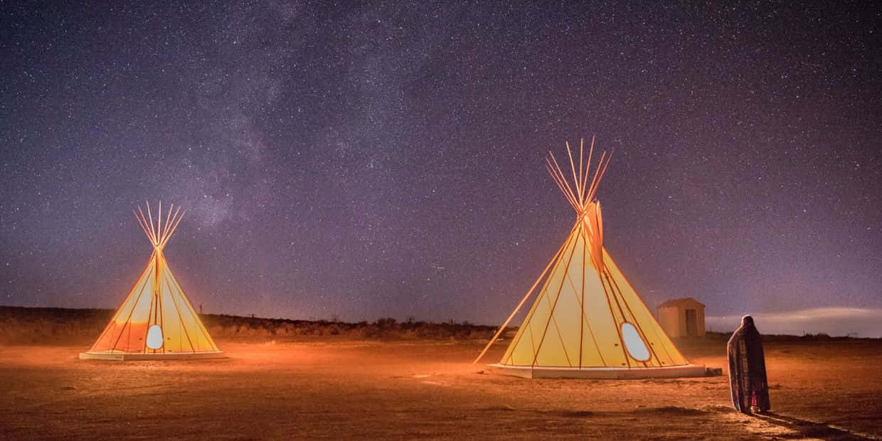 two bright tents, starry night sky, teepees, SD Desktop Wallpaper