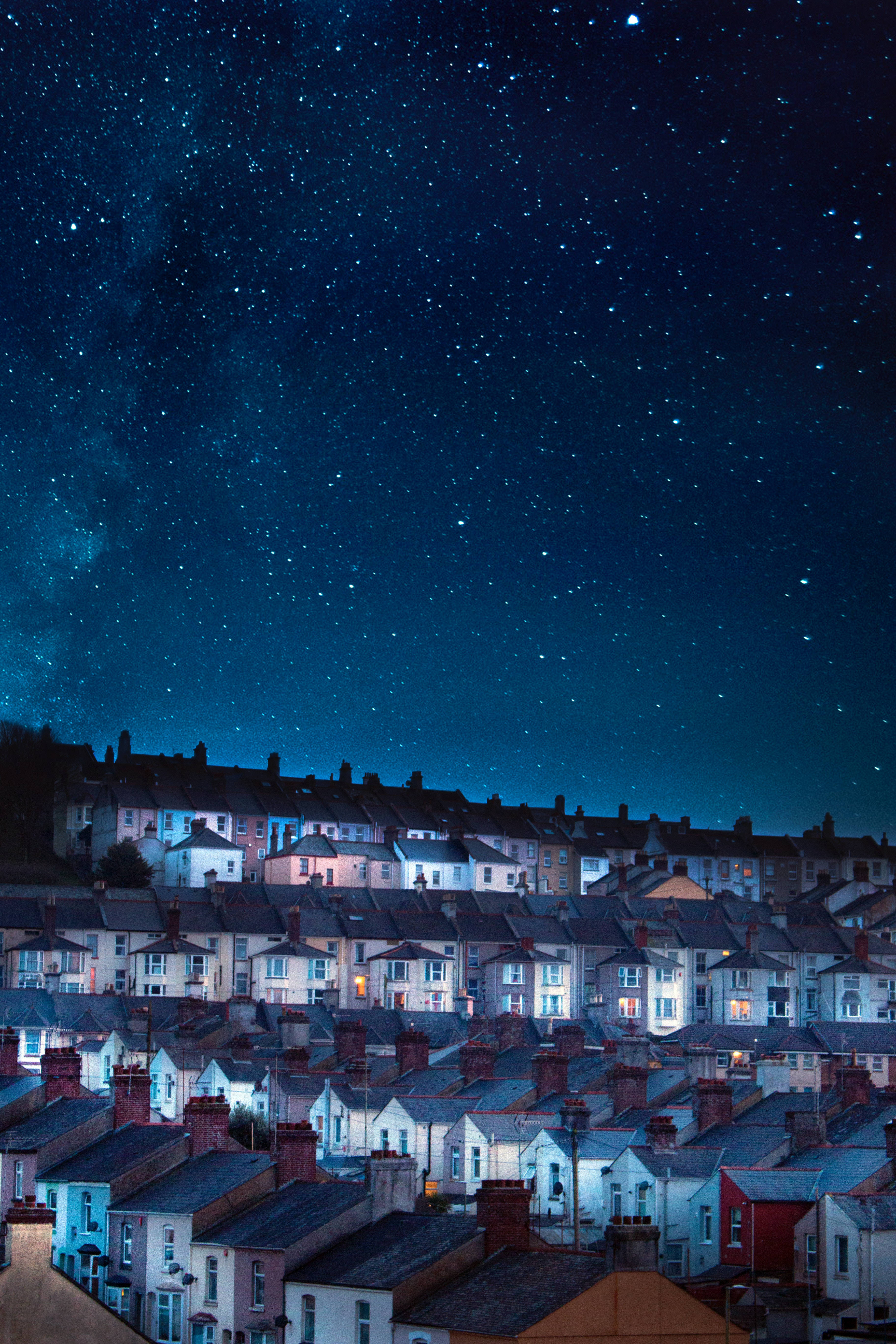 starry sky, town, terraced houses, 5K Phone Wallpaper