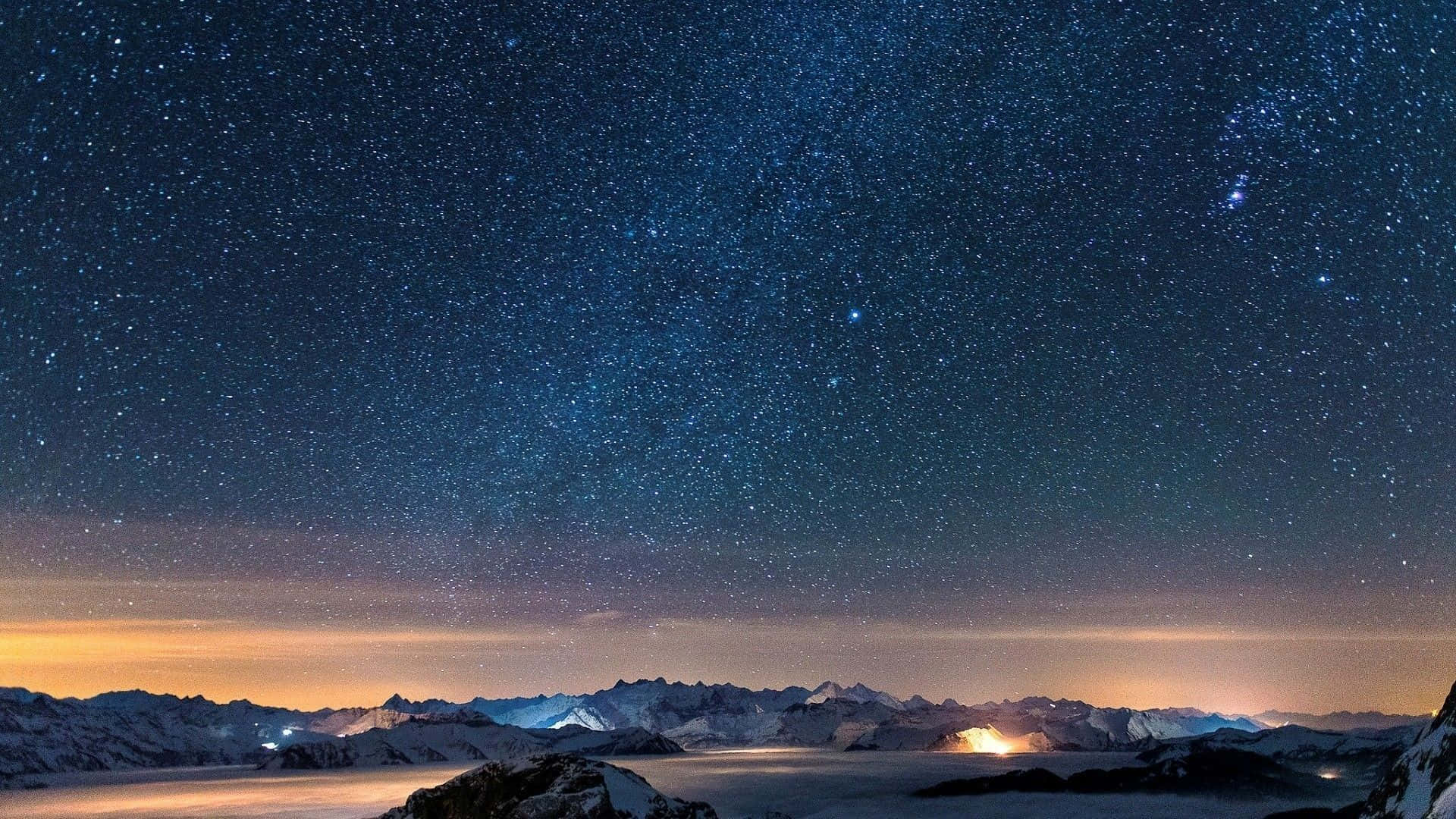 Starry Sky, Snowcapped mountains, Starry night sky, Full HD Desktop Wallpaper