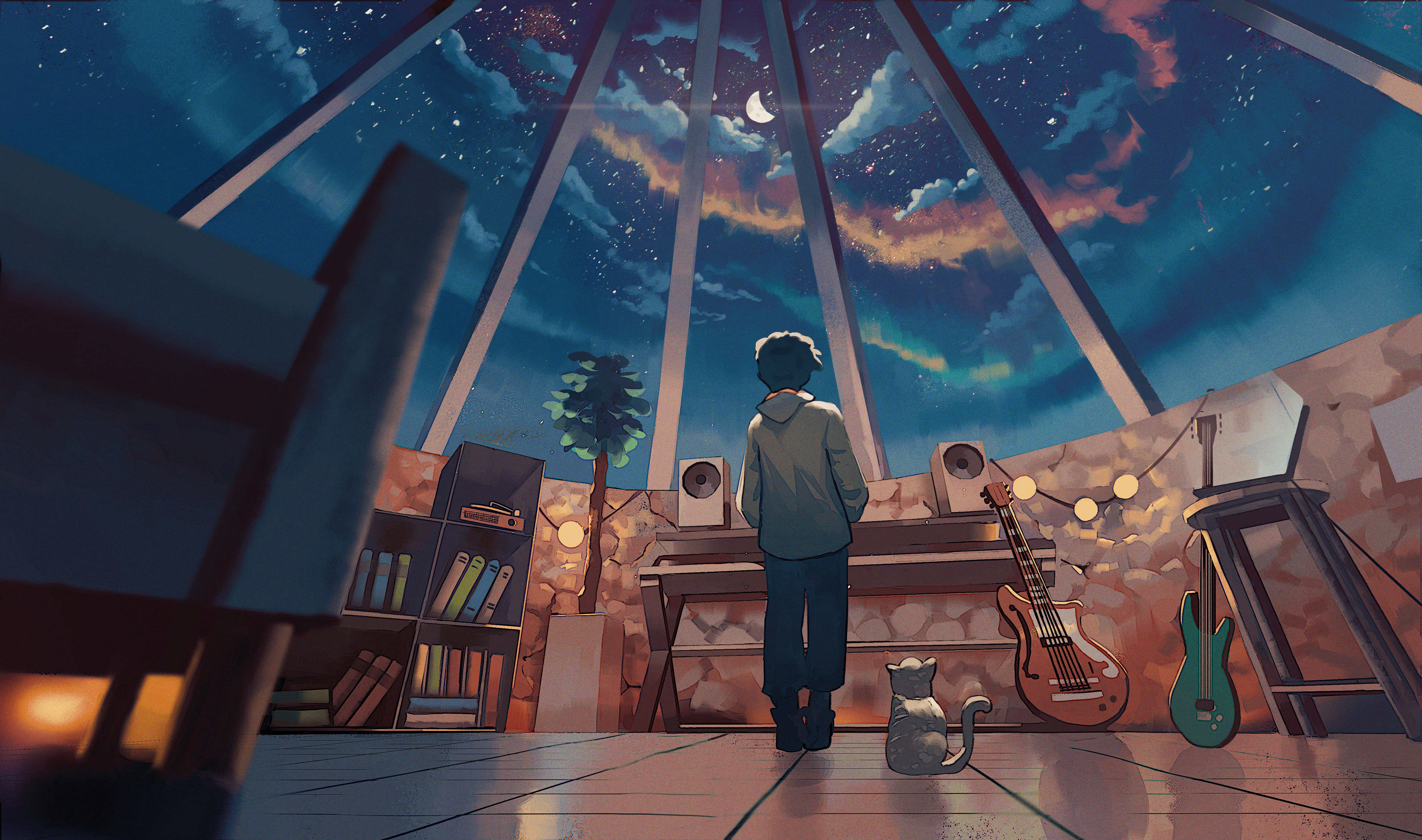 Lo Fi Anime Chill, starlit dome room, guitars, 4K Desktop Wallpaper