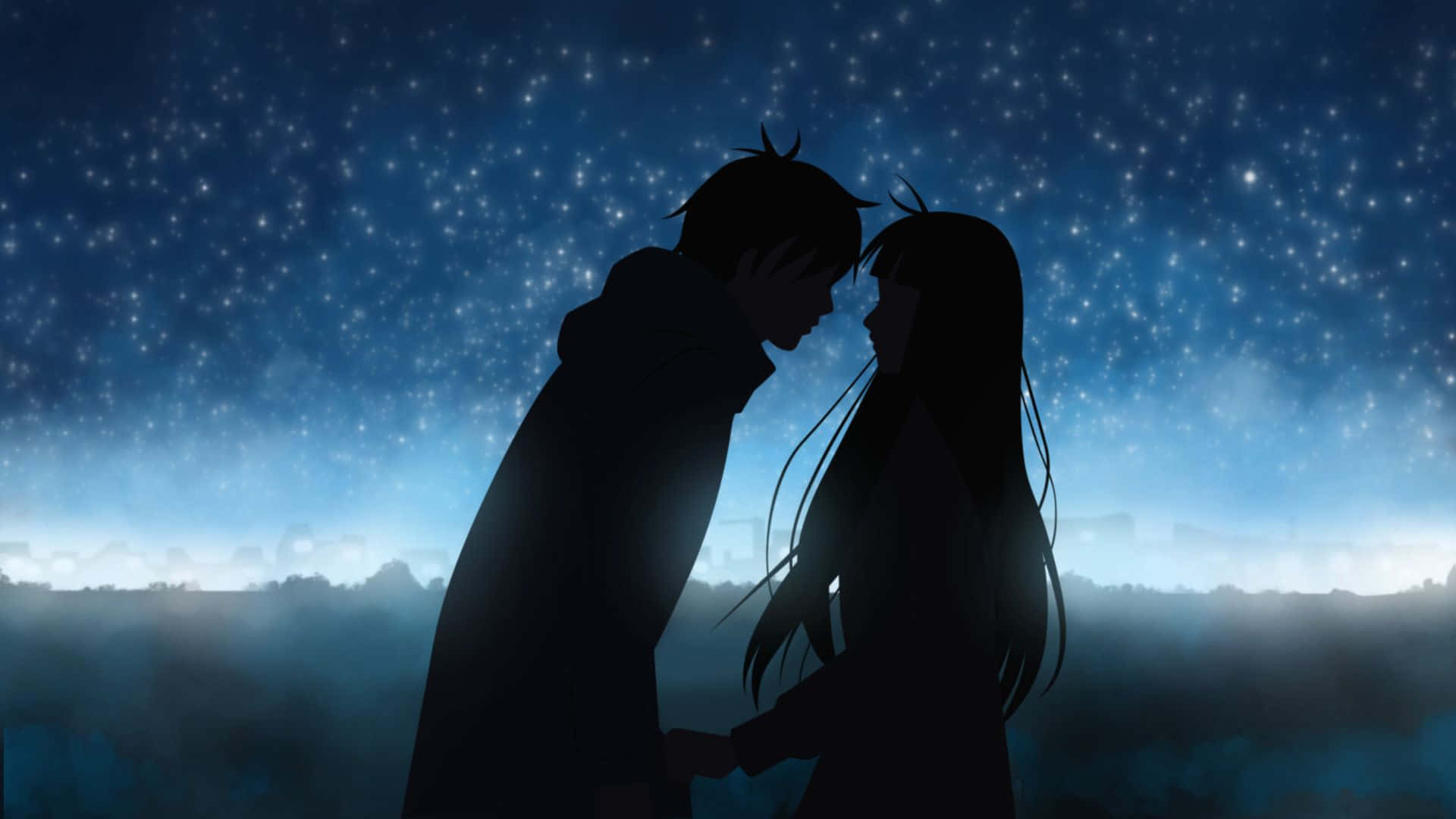 anime couple, starry night sky, misty horizon, Full HD Desktop Wallpaper
