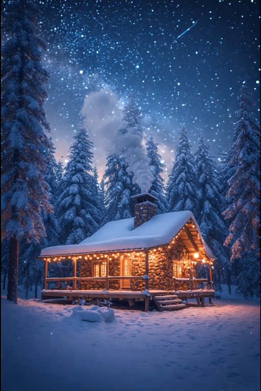 snow-covered log cabin, pine forest, warm string lights, SD Phone Wallpaper