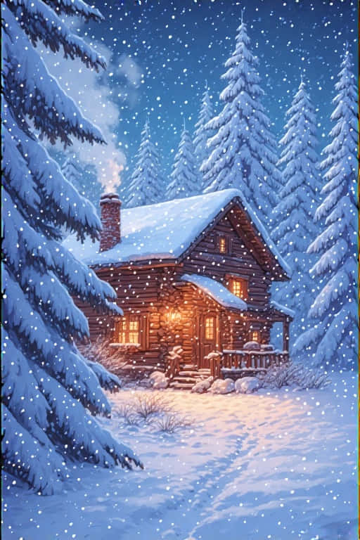 snowy pine forest, cozy wooden cabin, warm glowing windows, SD Phone Wallpaper