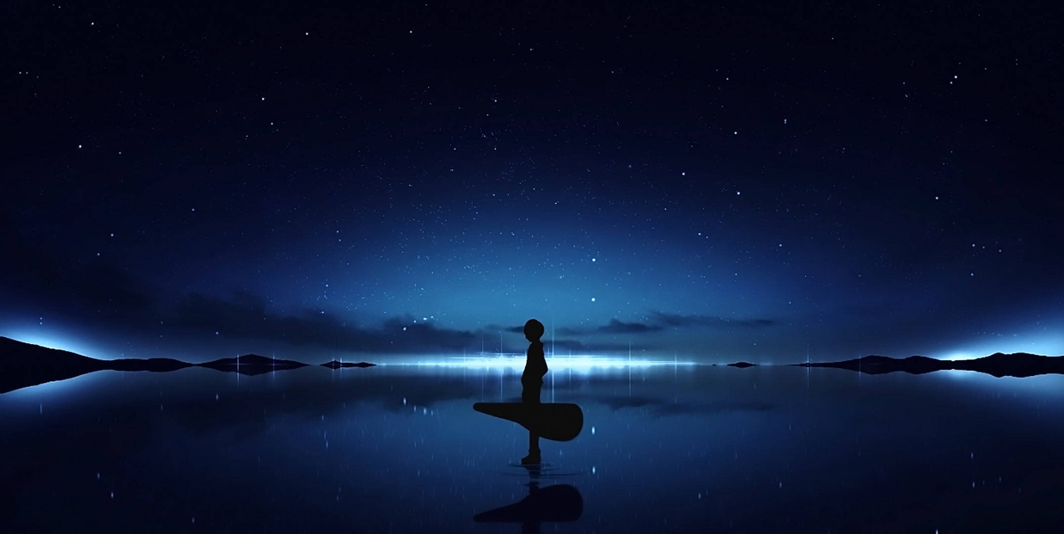 blue starry sky, lone figure, surfboard, Full HD Desktop Wallpaper