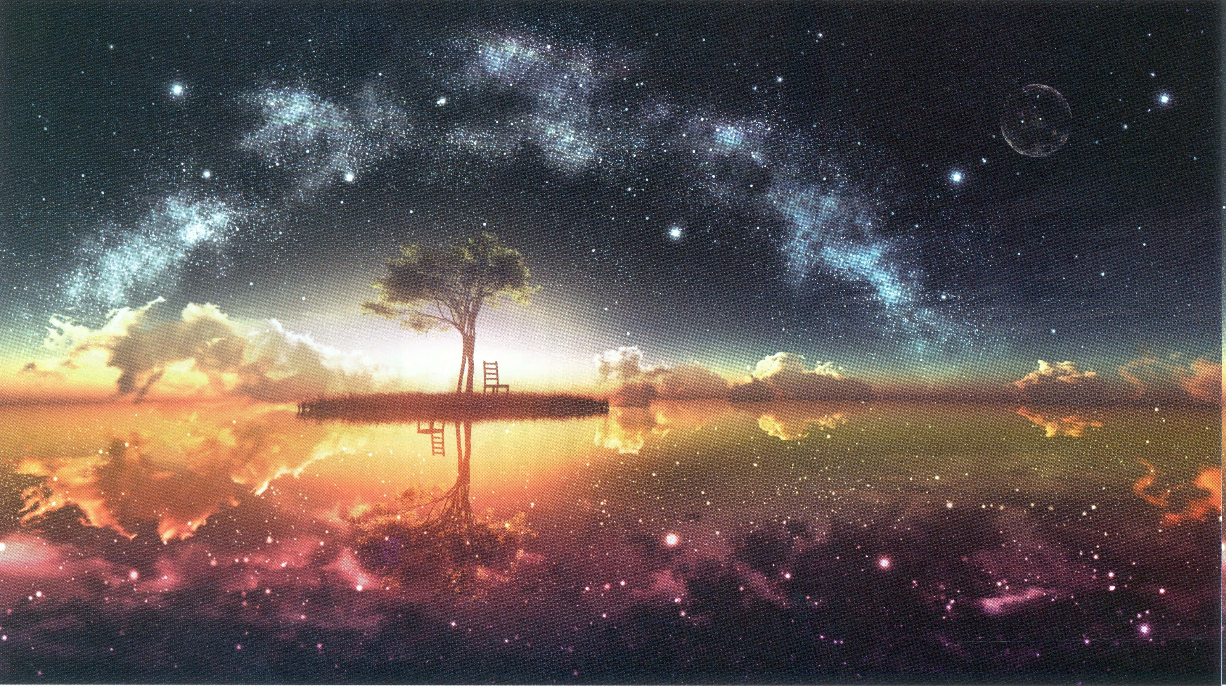 floating island, starry galaxy sky, cosmic ocean, 4K Desktop Wallpaper