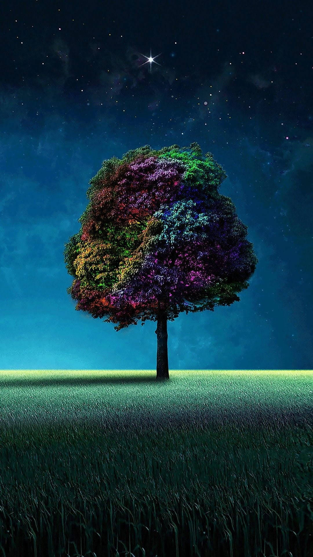 multicolor tree, rainbow-colored leaves, grassy field, HD Phone Wallpaper