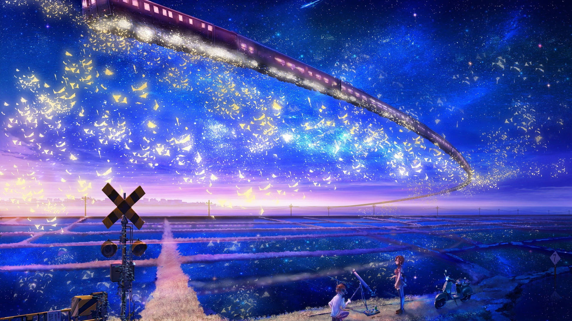 glowing train, starry twilight sky, reflective rice paddy field, Full HD Desktop Wallpaper