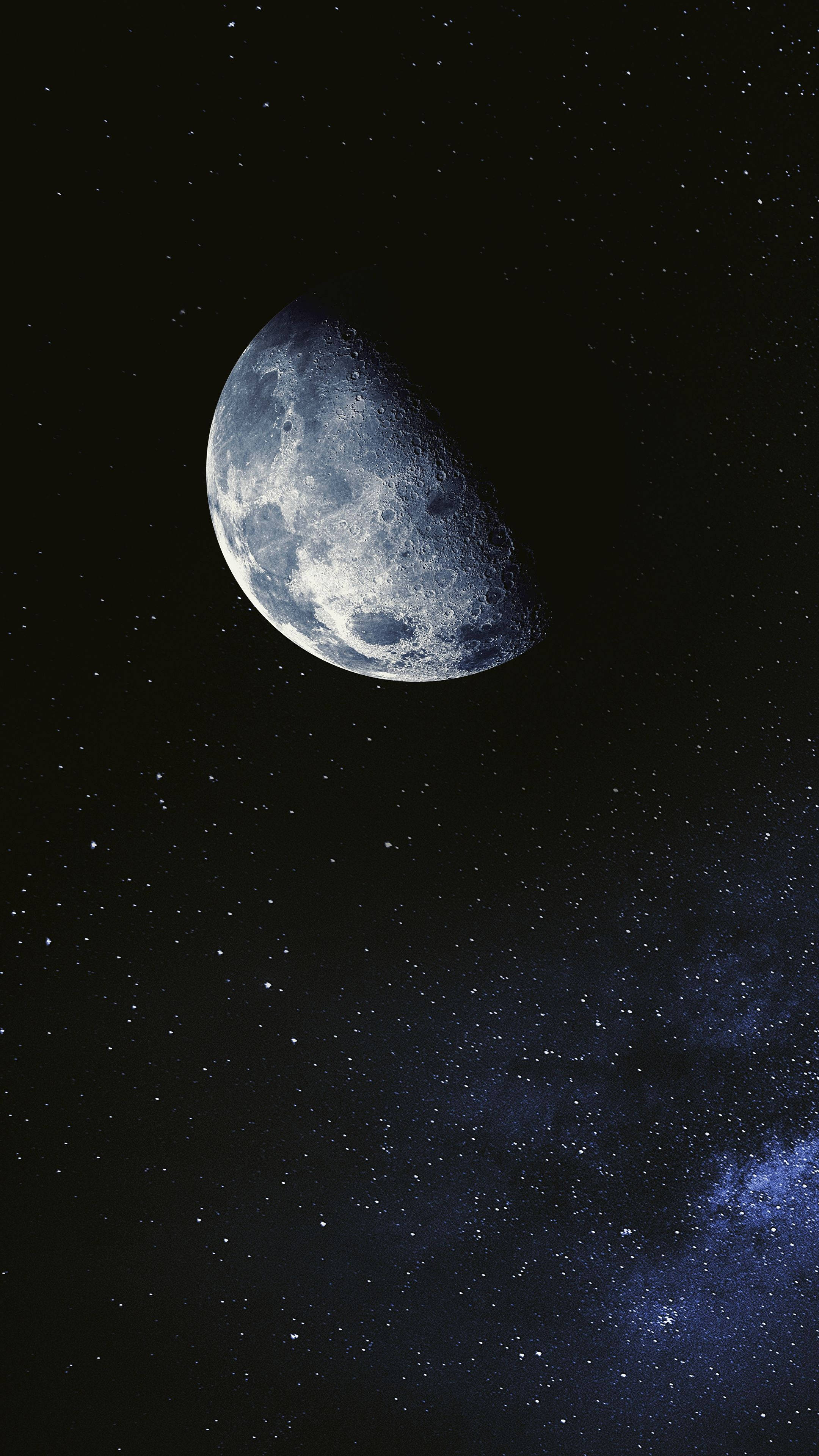 half moon, starry night sky, vibrant blue nebula, 4K Phone Wallpaper