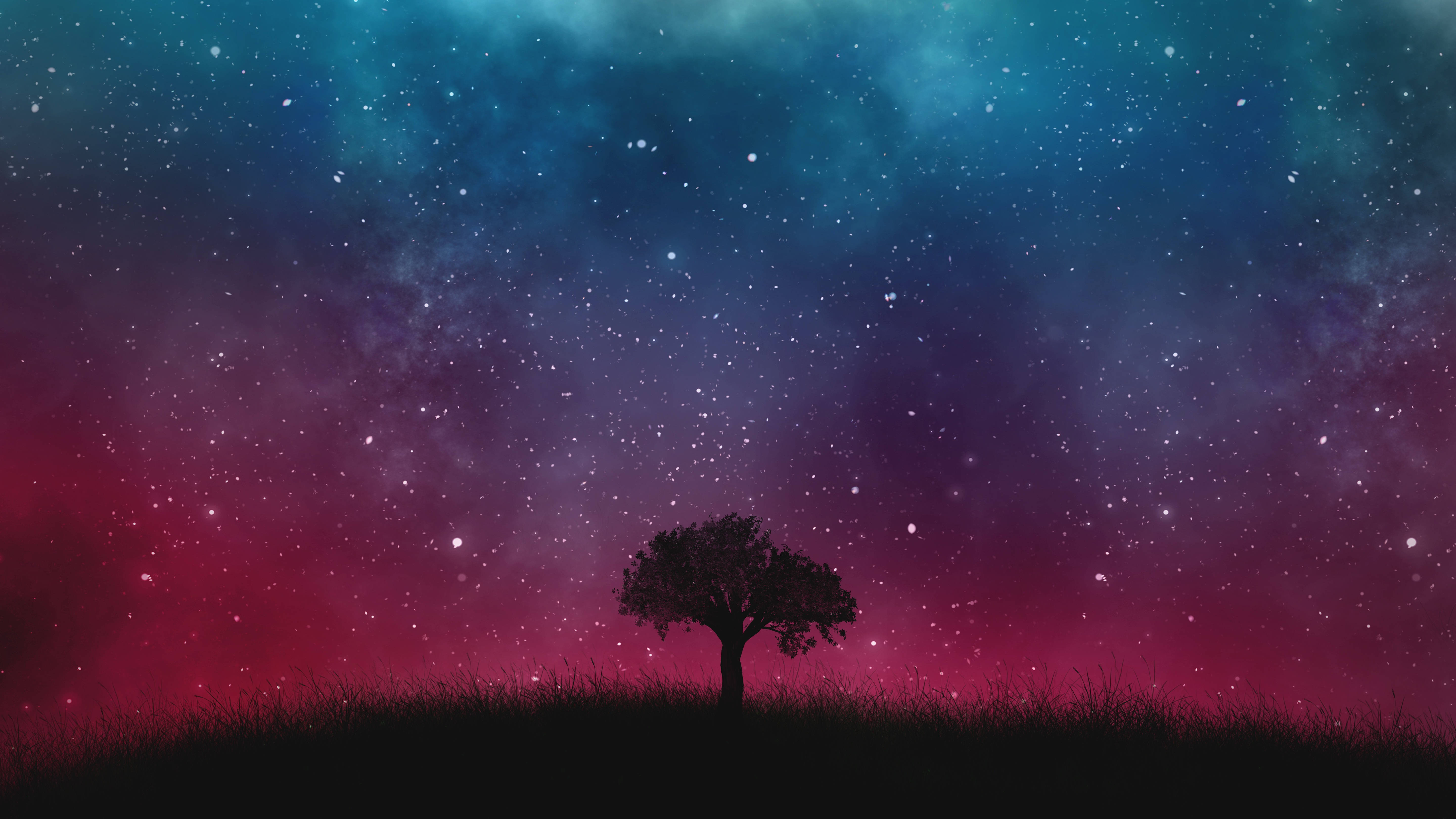 lone tree, starry night, vibrant cosmic sky, 5K Desktop Wallpaper