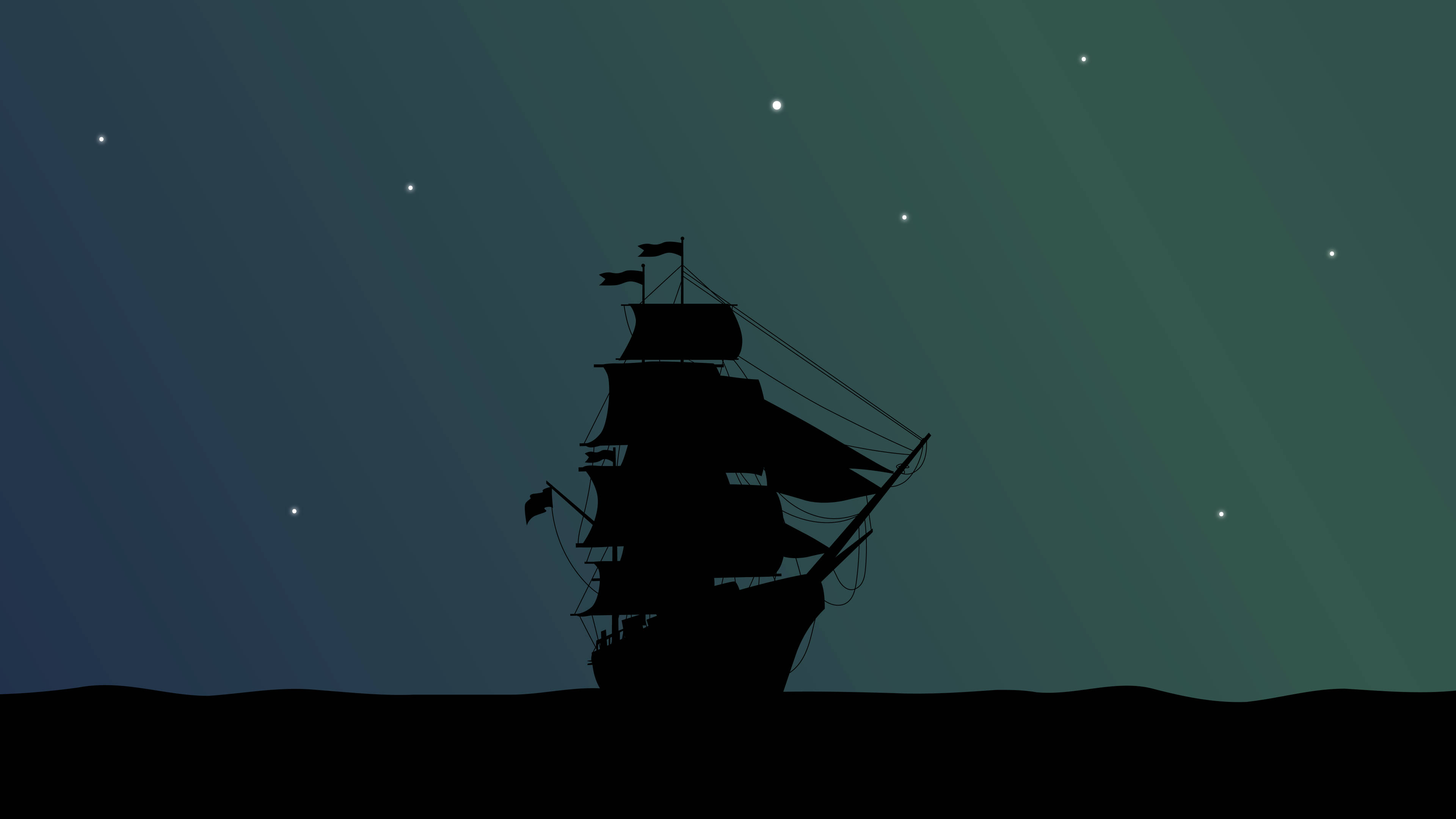 tall ship, starry night sky, gradient teal, 4K Desktop Wallpaper
